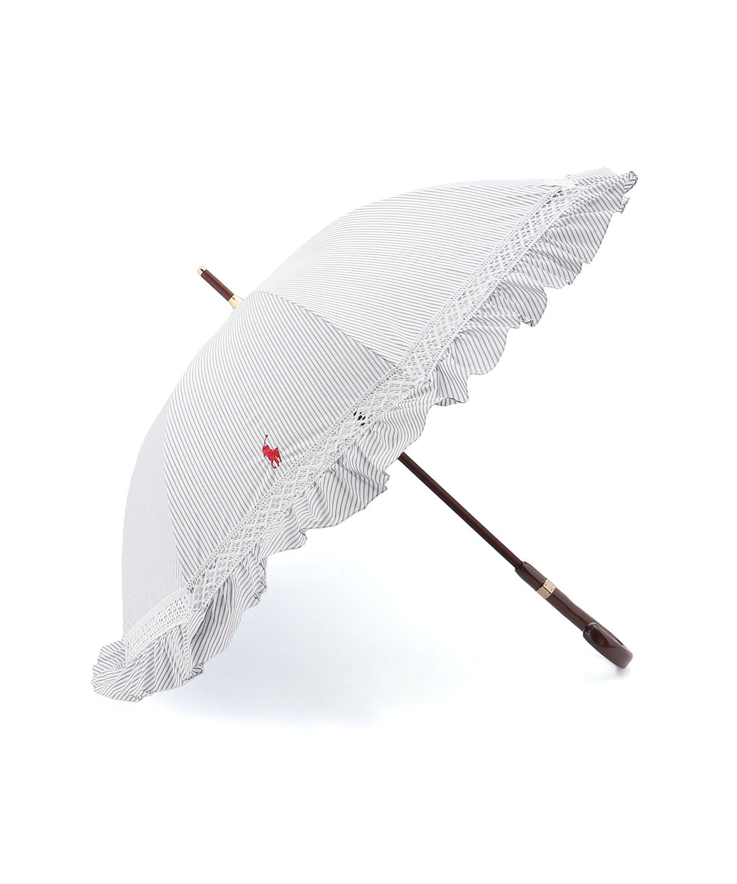 【ムーンバット/MOONBAT】の【遮光/晴雨兼用日傘】POLO RALPH LAUREN(ポロ ラルフローレン) ストライプフリル 長傘 遮熱 UV インテリア・キッズ・メンズ・レディースファッション・服の通販 founy(ファウニー) 　ファッション　Fashion　レディースファッション　Fashion for Women　レイングッズ・傘・晴雨兼用傘　Umbrellas & Rain Gear　アイビー　Ivy Pattern　エレガント 上品　Elegant　傘　Umbrella, Parasol　ストライプ　Stripe, Striped Pattern　ニューヨーク　New York, NYC Style　フリル　Frill, Ruffle　日傘　Parasol, UV Umbrella　メタル　Metal, Metal Parts　レース　Lace, Lace Fabric　おすすめ　Recommended / Our Picks　ディープブルー|ID: prp329100004986974 ipo3291000000037357611