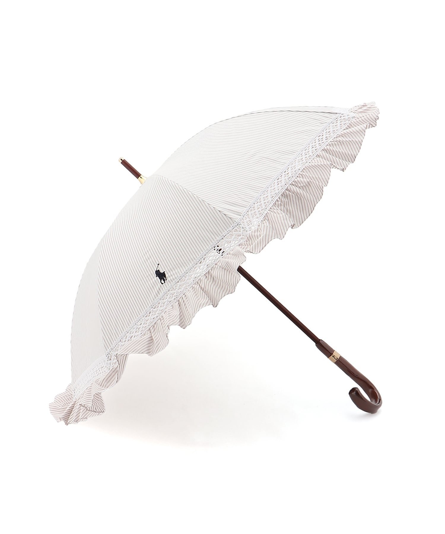 【ムーンバット/MOONBAT】の【遮光/晴雨兼用日傘】POLO RALPH LAUREN(ポロ ラルフローレン) ストライプフリル 長傘 遮熱 UV インテリア・キッズ・メンズ・レディースファッション・服の通販 founy(ファウニー) 　ファッション　Fashion　レディースファッション　Fashion for Women　レイングッズ・傘・晴雨兼用傘　Umbrellas & Rain Gear　アイビー　Ivy Pattern　エレガント 上品　Elegant　傘　Umbrella, Parasol　ストライプ　Stripe, Striped Pattern　ニューヨーク　New York, NYC Style　フリル　Frill, Ruffle　日傘　Parasol, UV Umbrella　メタル　Metal, Metal Parts　レース　Lace, Lace Fabric　おすすめ　Recommended / Our Picks　ベージュ|ID: prp329100004986974 ipo3291000000037357612