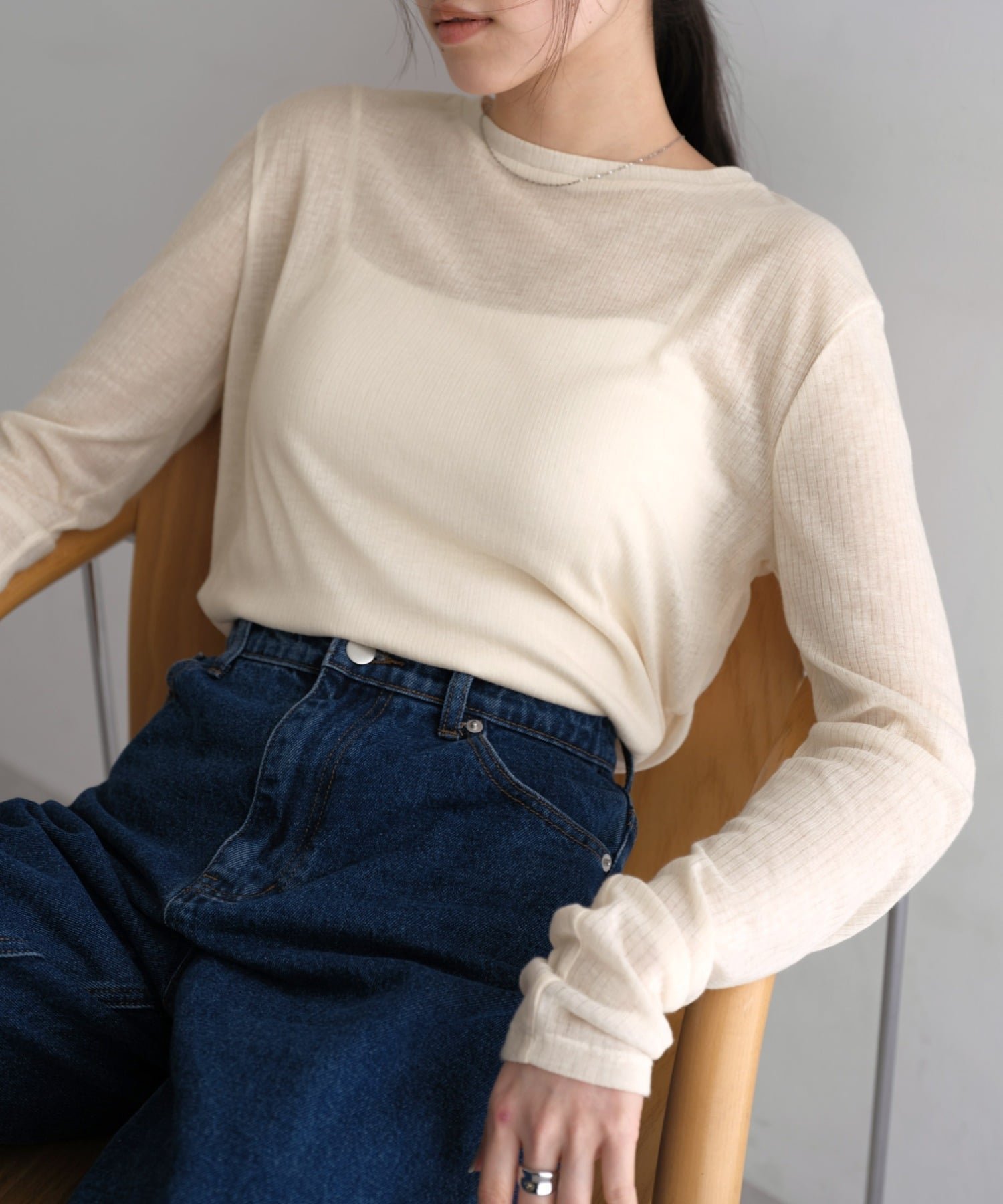 【アンドミー/andme】のテレコ シアー クルーネック 長袖 トップス インテリア・キッズ・メンズ・レディースファッション・服の通販 founy(ファウニー) 　ファッション　Fashion　レディースファッション　Fashion for Women　トップス・カットソー　Cut & Sew Tops　サロペット　Overalls, Salopette　シアー　Sheer, See-Through　テレコ　Ribbed, Rib Stitch　トレンド　Trend, Trending Now　長袖　Long Sleeve, Full Sleeve　アイボリー|ID: prp329100004987077 ipo3291000000037358904