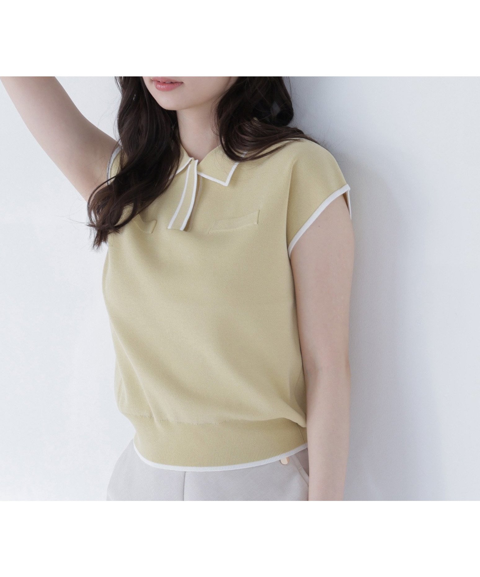 【ナチュラル ビューティー ベーシック/NATURAL BEAUTY BASIC】のバイカラーラインスキッパーニット インテリア・キッズ・メンズ・レディースファッション・服の通販 founy(ファウニー) 　ファッション　Fashion　レディースファッション　Fashion for Women　トップス・カットソー　Cut & Sew Tops　ニット　Knit Tops & Sweaters　スキッパー　Skipper, Open Collar　スリーブ　Sleeve, Long Sleeve / Short Sleeve　フレンチ　French, French Style　ポケット　Pocket, Pocket Detail　イエロー2|ID: prp329100004987096 ipo3291000000037359023