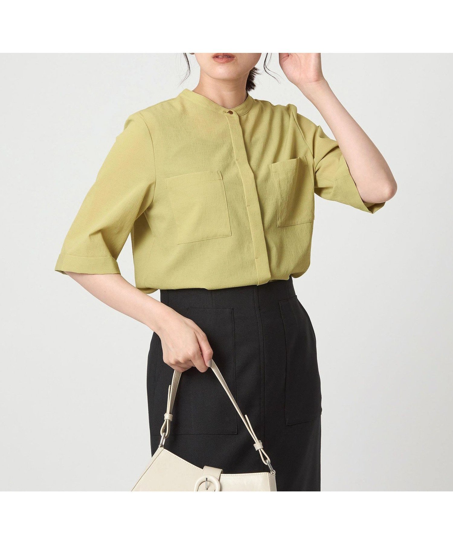 【ユナイテッドアローズ/UNITED ARROWS】のスタンドカラー ポケット 5分袖 シャツ インテリア・キッズ・メンズ・レディースファッション・服の通販 founy(ファウニー) 　ファッション　Fashion　レディースファッション　Fashion for Women　トップス・カットソー　Cut & Sew Tops　シャツ・ブラウス・オフィスカジュアル　Elegant Blouses & Button-Ups　インナー　Innerwear　秋　Autumn　クール　Cool, Chic　シンプル　Simple, Minimal　ジャケット　Jacket, Outerwear　スタンド　Stand Collar, Upright Stand　ダウン　Down, Puffer　デニム　Denim, Jeans Material　ポケット　Pocket, Pocket Detail　ロング　Long, Long-Length　冬　Winter / This Winter　アウトレット　Outlet / Clearance　おすすめ　Recommended / Our Picks　ビジネス 仕事 通勤　Business / Work / Commuting　YELLOW|ID: prp329100004987110 ipo3291000000037359094
