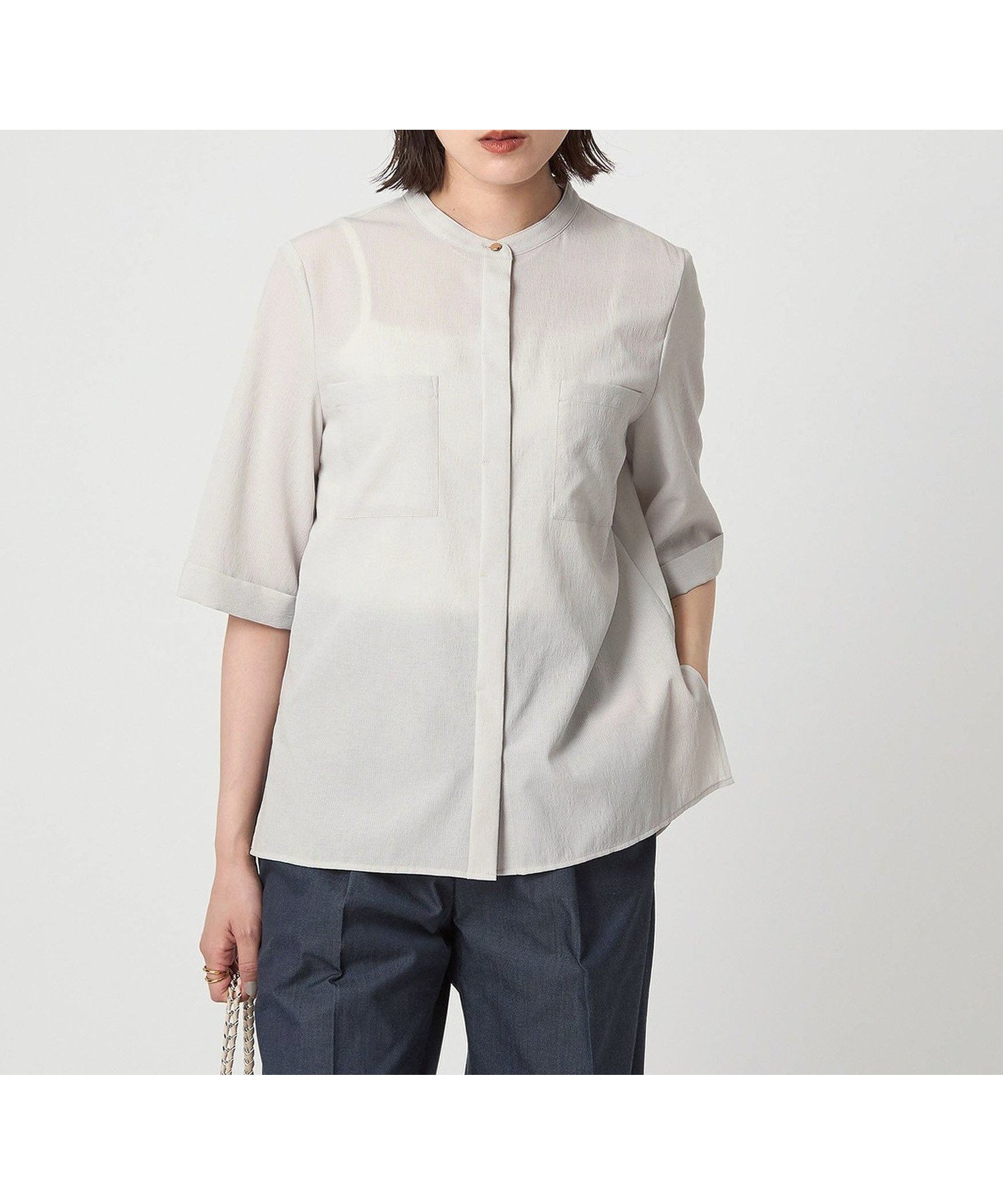 【ユナイテッドアローズ/UNITED ARROWS】のスタンドカラー ポケット 5分袖 シャツ インテリア・キッズ・メンズ・レディースファッション・服の通販 founy(ファウニー) 　ファッション　Fashion　レディースファッション　Fashion for Women　トップス・カットソー　Cut & Sew Tops　シャツ・ブラウス・オフィスカジュアル　Elegant Blouses & Button-Ups　インナー　Innerwear　秋　Autumn　クール　Cool, Chic　シンプル　Simple, Minimal　ジャケット　Jacket, Outerwear　スタンド　Stand Collar, Upright Stand　ダウン　Down, Puffer　デニム　Denim, Jeans Material　ポケット　Pocket, Pocket Detail　ロング　Long, Long-Length　冬　Winter / This Winter　アウトレット　Outlet / Clearance　おすすめ　Recommended / Our Picks　ビジネス 仕事 通勤　Business / Work / Commuting　LT.GRAY|ID: prp329100004987110 ipo3291000000037359095