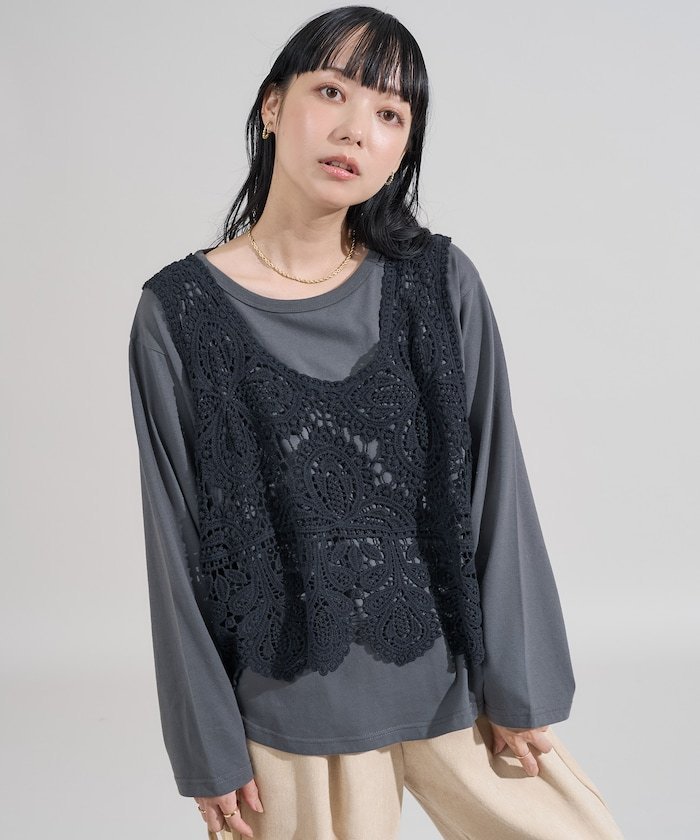 【フリークスストア/FREAK'S STORE】のレースベスト ロンT セット 限定展開 全3色 インテリア・キッズ・メンズ・レディースファッション・服の通販 founy(ファウニー) 　ファッション　Fashion　レディースファッション　Fashion for Women　アウター　Coat / Outerwear Collection　トップス・カットソー　Cut & Sew Tops　ロングTシャツ・Tシャツ　Longline T-Shirts & Tees　ベスト&ジレ / 重ね着スタイル　Vests & Gilets　2026年　2026　2026春夏・S/S　Spring/Summer 2026 SS26　インナー　Innerwear　ベスト　Vest, Waistcoat　レース　Lace, Lace Fabric　夏　Summer　S/S・春夏　SS, Spring/Summer, Warm Season　楽ちん　Easy Fit, Comfortable　無地　Plain, Solid Color　ブラック|ID: prp329100004987140 ipo3291000000037359350