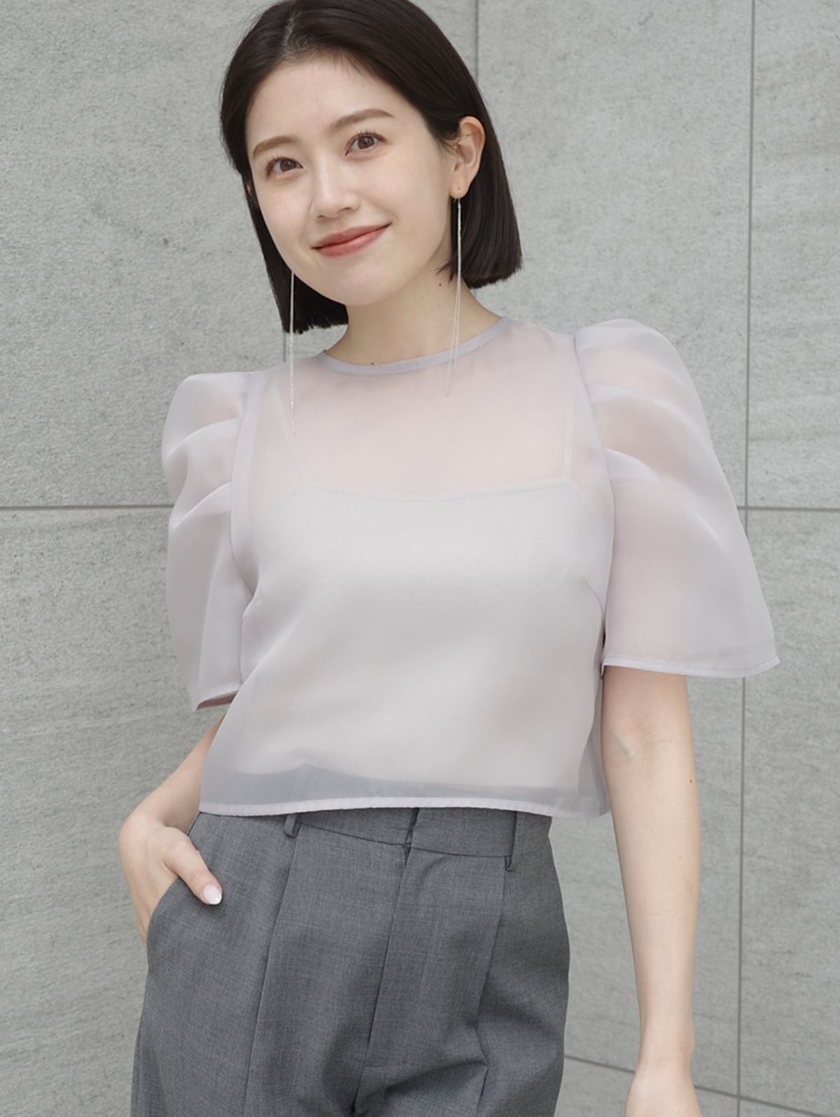 【アニュアンス/anuans】のフォルムシアーブラウス インテリア・キッズ・メンズ・レディースファッション・服の通販 founy(ファウニー) 　ファッション　Fashion　レディースファッション　Fashion for Women　トップス・カットソー　Cut & Sew Tops　シャツ・ブラウス・オフィスカジュアル　Elegant Blouses & Button-Ups　インナー　Innerwear　インナーキャミ　Inner Camisole　エアリー　Airy Texture　オーガンジー　Organza Fabric　キャミソール　Camisole, Spaghetti Strap Top　クロップド　Cropped, Short Length　シアー　Sheer, See-Through　シンプル　Simple, Minimal　スリーブ　Sleeve, Long Sleeve / Short Sleeve　バランス　Balance, Style Balance　フェミニン　Feminine, Girly　フォルム　Silhouette, Form　ボトム　Bottoms, Lower Wear　おすすめ　Recommended / Our Picks　LIGTH GREY|ID: prp329100004987147 ipo3291000000037359430
