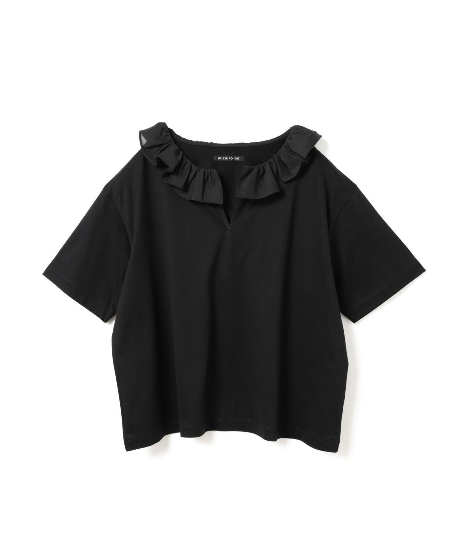 【マーコート/MARcourt】のmizuiro ind フリルカラースキッパーTシャツ インテリア・キッズ・メンズ・レディースファッション・服の通販 founy(ファウニー) 　ファッション　Fashion　レディースファッション　Fashion for Women　トップス・カットソー　Cut & Sew Tops　シャツ・ブラウス・オフィスカジュアル　Elegant Blouses & Button-Ups　ロングTシャツ・Tシャツ　Longline T-Shirts & Tees　カットソー　Cut and Sewn Top　シルケット　Silket, Silky Cotton　シンプル　Simple, Minimal　スキッパー　Skipper, Open Collar　フリル　Frill, Ruffle　ポケット　Pocket, Pocket Detail　無地　Plain, Solid Color　ブラック|ID: prp329100004987171 ipo3291000000037359579