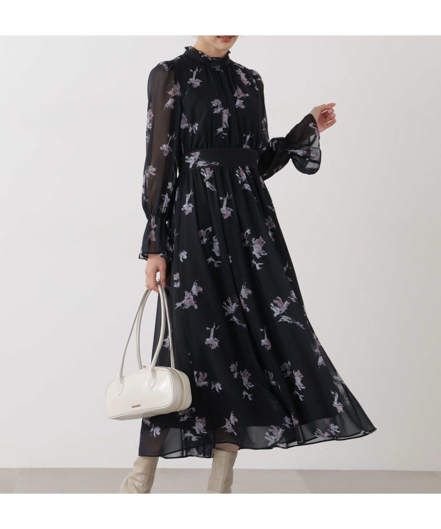 【プロポーション ボディドレッシング/PROPORTION BODY DRESSING】の花柄プリントギャザーワンピース 大人の最旬トレンドファッション＆コーディネート founy(ファウニー) 　ファッション　Fashion　レディースファッション　Fashion for Women　ワンピース　Dresses　ギャザー　Gathered, Ruffled　シフォン　Chiffon, Lightweight Fabric　ジョーゼット　Georgette, Semi-Sheer Fabric　スリーブ　Sleeve, Long Sleeve / Short Sleeve　パイピング　Piping, Trim Design　プリント　Print, Printed Pattern　エレガント 上品　Elegant　春　Spring　無地　Plain, Solid Color　 other-1|ID: prp329100004987290 ipo3291000000037360092