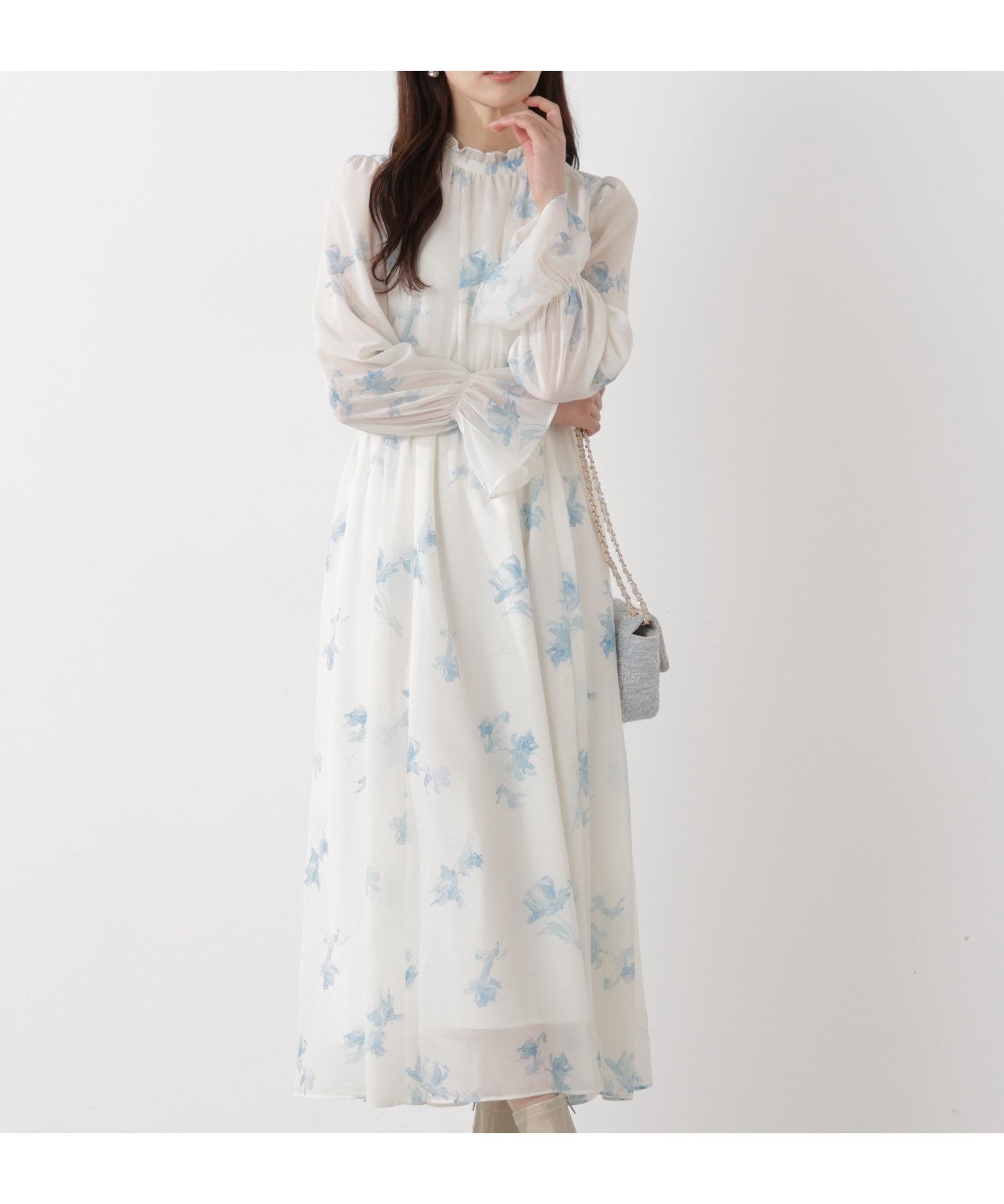 【プロポーション ボディドレッシング/PROPORTION BODY DRESSING】の花柄プリントギャザーワンピース インテリア・キッズ・メンズ・レディースファッション・服の通販 founy(ファウニー) 　ファッション　Fashion　レディースファッション　Fashion for Women　ワンピース　Dresses　ギャザー　Gathered, Ruffled　シフォン　Chiffon, Lightweight Fabric　ジョーゼット　Georgette, Semi-Sheer Fabric　スリーブ　Sleeve, Long Sleeve / Short Sleeve　パイピング　Piping, Trim Design　プリント　Print, Printed Pattern　エレガント 上品　Elegant　春　Spring　無地　Plain, Solid Color　ブルー|ID: prp329100004987290 ipo3291000000037360095