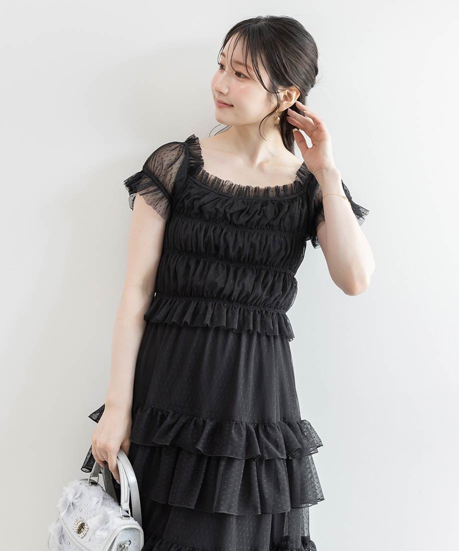【ランダ/RANDA】のドットチュールフリルワンピース インテリア・キッズ・メンズ・レディースファッション・服の通販 founy(ファウニー) 　ファッション　Fashion　レディースファッション　Fashion for Women　ワンピース　Dresses　おすすめ　Recommended / Our Picks　シアー　Sheer, See-Through　シャーリング　Shirring, Ruched　シューズ　Shoes, Footwear　スニーカー　Sneakers, Trainers　ダウン　Down, Puffer　ドッキング　Docking, Mixed Material　フィット　Fit, Slim Fit　フェミニン　Feminine, Girly　フリル　Frill, Ruffle　エレガント 上品　Elegant　BLACK|ID: prp329100004987300 ipo3291000000037360135