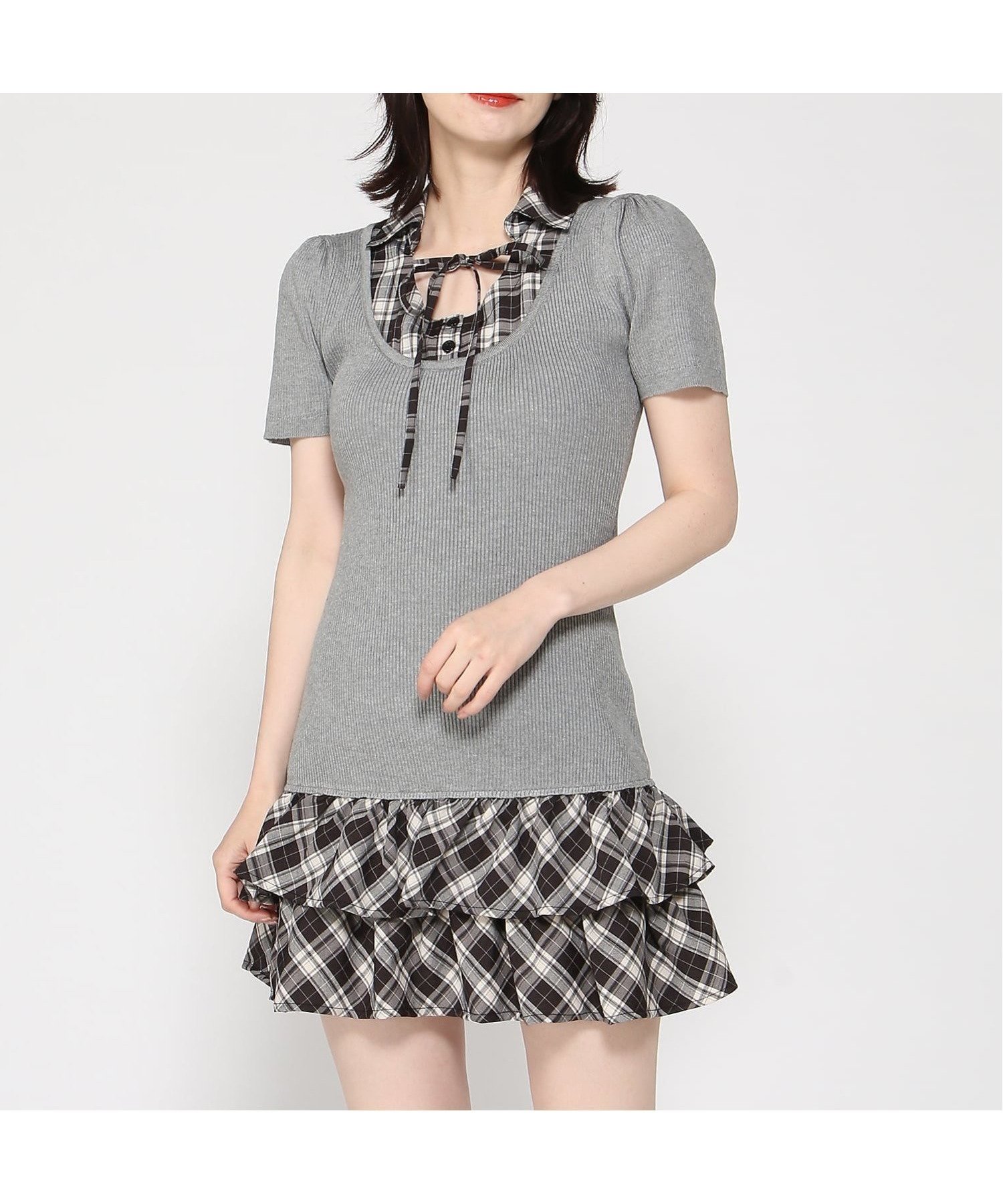 【イング/INGNI】のINGNI/12GチェックSHドッキングニットOP インテリア・キッズ・メンズ・レディースファッション・服の通販 founy(ファウニー) 　ファッション　Fashion　レディースファッション　Fashion for Women　トップス・カットソー　Cut & Sew Tops　ニット　Knit Tops & Sweaters　ガーリー　Girly, Feminine Style　サンダル　Sandals, Summer Shoes　チェック　Check, Plaid, Tartan　トレンド　Trend, Trending Now　ドッキング　Docking, Mixed Material　フロント　Front, Front Design　リブニット　Rib Knit, Ribbed Knit　リボン　Ribbon, Bow　おすすめ　Recommended / Our Picks　夏　Summer　グレー/クロ|ID: prp329100004987315 ipo3291000000037360195