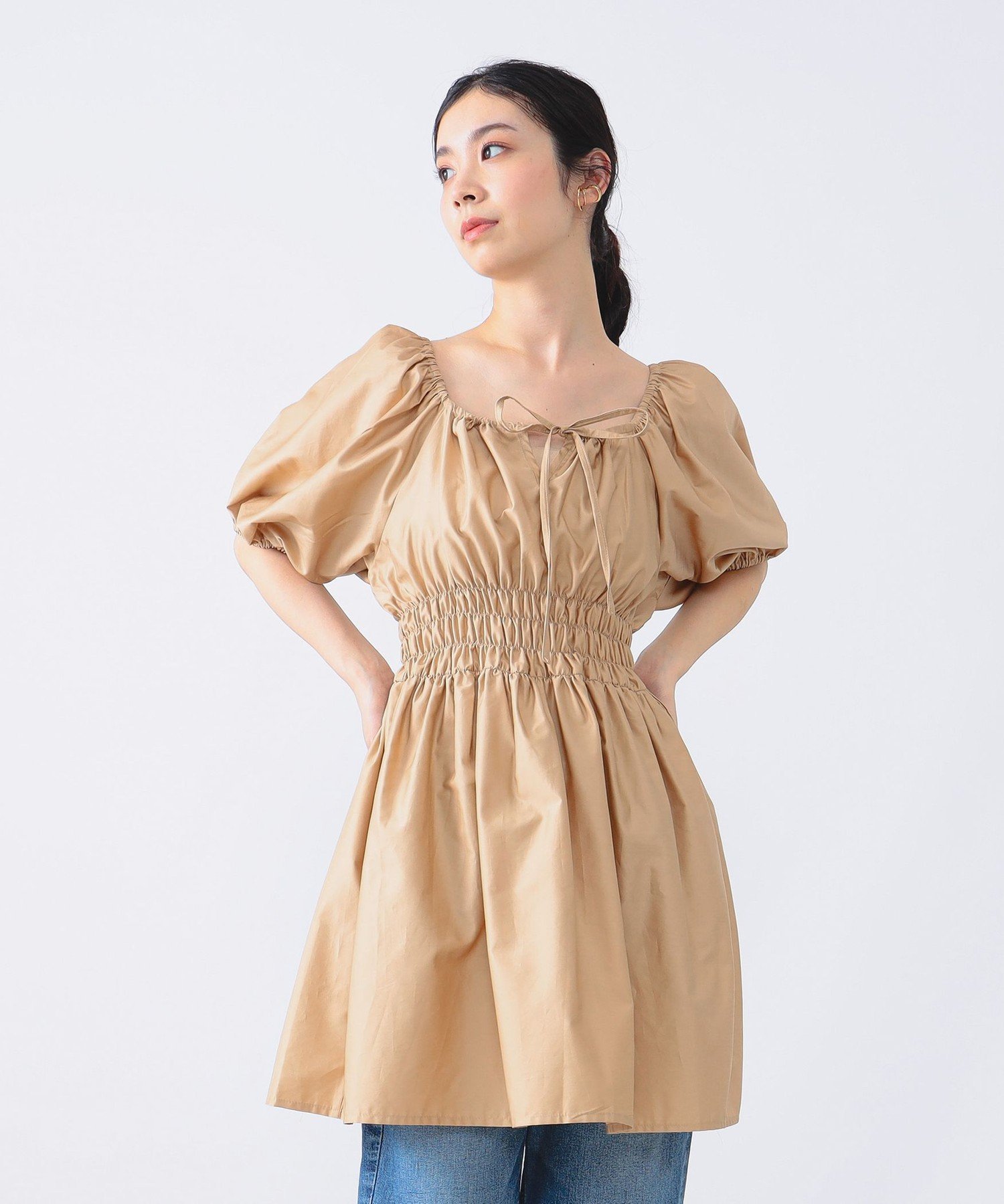 【ビームス ウイメン/BEAMS】のDevotion TWINS / コットンギャザー ショートドレス インテリア・キッズ・メンズ・レディースファッション・服の通販 founy(ファウニー) 　ファッション　Fashion　レディースファッション　Fashion for Women　ワンピース　Dresses　フォーマル・パーティードレス・結婚式用ドレス　Elegant & Casual Dresses　エスニック　Ethnic Style　ギャザー　Gathered, Ruffled　シャーリング　Shirring, Ruched　ショート　Short, Short Length　ドレス　Dress, One-Piece　フィット　Fit, Slim Fit　フェミニン　Feminine, Girly　リボン　Ribbon, Bow　エレガント 上品　Elegant　BEIGE|ID: prp329100004987398 ipo3291000000037360718