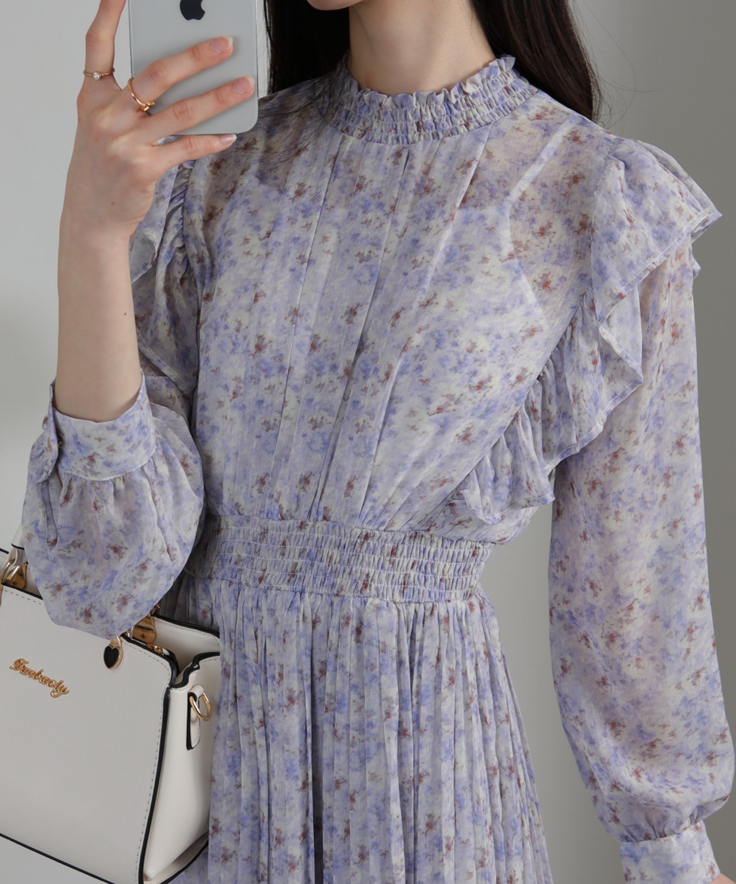 【その他のブランド/Other】の水彩柄 フリルデザイン 消しプリーツ ワンピース 大人の最旬トレンドファッション＆コーディネート founy(ファウニー) 　ファッション　Fashion　レディースファッション　Fashion for Women　ワンピース　Dresses　春　Spring　秋　Autumn　ガーリー　Girly, Feminine Style　キャミソール　Camisole, Spaghetti Strap Top　シアー　Sheer, See-Through　シャーリング　Shirring, Ruched　ジャケット　Jacket, Outerwear　ハイネック　High Neck, Mock Neck　パープル　Purple, Violet　フェミニン　Feminine, Girly　フリル　Frill, Ruffle　プリーツ　Pleats, Pleated　おすすめ　Recommended / Our Picks　夏　Summer　エレガント 上品　Elegant　 other-1|ID: prp329100004987438 ipo3291000000037361790