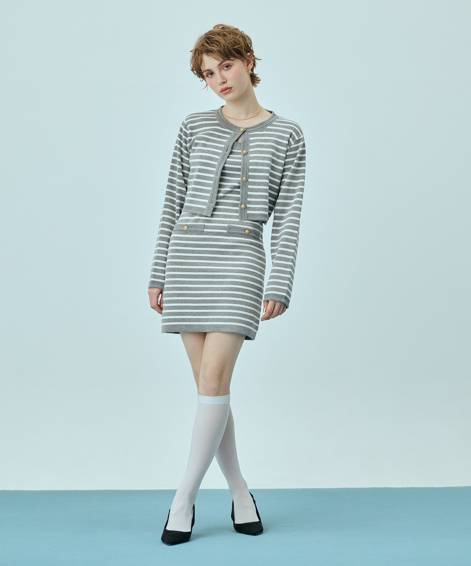 【エイミーイストワール/eimy istoire】のマリンボーダーニットセットワンピース インテリア・キッズ・メンズ・レディースファッション・服の通販 founy(ファウニー) 　ファッション　Fashion　レディースファッション　Fashion for Women　ワンピース　Dresses　カーディガン　Cardigan, Knitwear　クラシカル　Classical, Vintage-Inspired　コンパクト　Compact, Small Size　スニーカー　Sneakers, Trainers　ダウン　Down, Puffer　バランス　Balance, Style Balance　フィット　Fit, Slim Fit　ボーダー　Border, Stripe　再入荷　Restock / Back in Stock　おすすめ　Recommended / Our Picks　エレガント 上品　Elegant　GREY|ID: prp329100004987444 ipo3291000000037361992