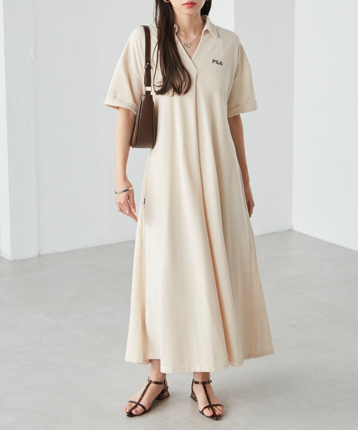 【ラナン/Ranan】のFILA ゆったりフレアーポロワンピース インテリア・キッズ・メンズ・レディースファッション・服の通販 founy(ファウニー) 　ファッション　Fashion　レディースファッション　Fashion for Women　ワンピース　Dresses　鹿の子　Piqué, Kanoko Fabric　シンプル　Simple, Minimal　ポケット　Pocket, Pocket Detail　ポロシャツ　Polo Shirt, Collared Tee　再入荷　Restock / Back in Stock　ライトベージュ|ID: prp329100004987451 ipo3291000000037362044