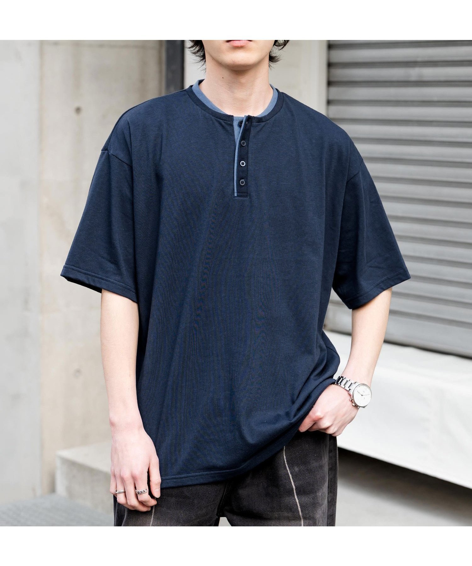 【ロッキーモンロー/Rocky Monroe】のオーバーサイズ レイヤードヘンリーネック半袖Tシャツ インテリア・キッズ・メンズ・レディースファッション・服の通販 founy(ファウニー) ファッション Fashion レディースファッション Fashion for Women トップス・カットソー Cut & Sew Tops シャツ・ブラウス・オフィスカジュアル Elegant Blouses & Button-Ups ロングTシャツ・Tシャツ Longline T-Shirts & Tees ショルダー Shoulder, Shoulder Strap デニム Denim, Jeans Material トレンド Trend, Trending Now ドロップ Drop Shoulder, Dropped Style バランス Balance, Style Balance 半袖 Short Sleeve, Half Sleeve リラックス Relax, Relaxed Fit ワイド Wide, Wide Fit 再入荷 Restock / Back in Stock ネイビー|ID: prp329100004987815 ipo3291000000037365144