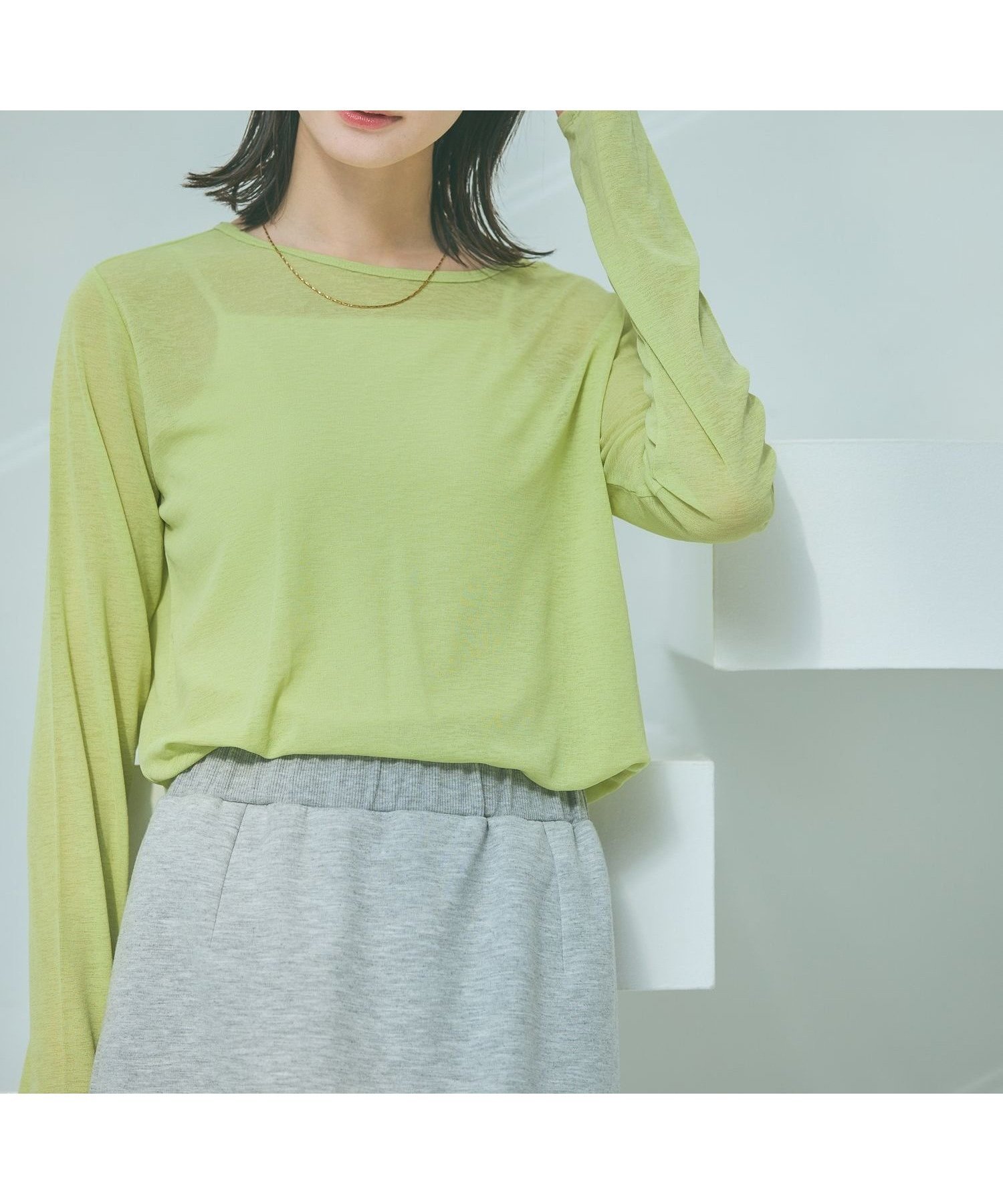 【ラコレ/LAKOLE】のスラブシアー長袖T インテリア・キッズ・メンズ・レディースファッション・服の通販 founy(ファウニー) 　ファッション　Fashion　レディースファッション　Fashion for Women　トップス・カットソー　Cut & Sew Tops　インナー　Innerwear　サロペット　Overalls, Salopette　シアー　Sheer, See-Through　シンプル　Simple, Minimal　ジャケット　Jacket, Outerwear　長袖　Long Sleeve, Full Sleeve　ライム|ID: prp329100004987904 ipo3291000000037366371