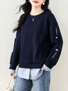 【ドゥーベル/Doux Belle】のリボン付き袖ラインレイヤード風スウェット レディース トップス 大人の最旬トレンドファッション＆コーディネート founy(ファウニー) ファッション Fashion レディースファッション Fashion for Women トップス・カットソー Cut & Sew Tops レディースパーカー・カジュアルフーディー Casual Hoodies & Sweatshirts スウェット・クルーネックトップス Sweatshirts & Crewnecks / Relaxed Fit Sweat Tops シンプル Simple, Minimal スウェット / スエット Sweatshirt, Sweatwear ストライプ Stripe, Striped Pattern ラウンド Round, Round Neck リボン Ribbon, Bow 切替 Switching, Contrast Panel 春 Spring 秋 Autumn 長袖 Long Sleeve, Full Sleeve thumbnail ネイビー|ID: prp329100004987932 ipo3291000000037366647