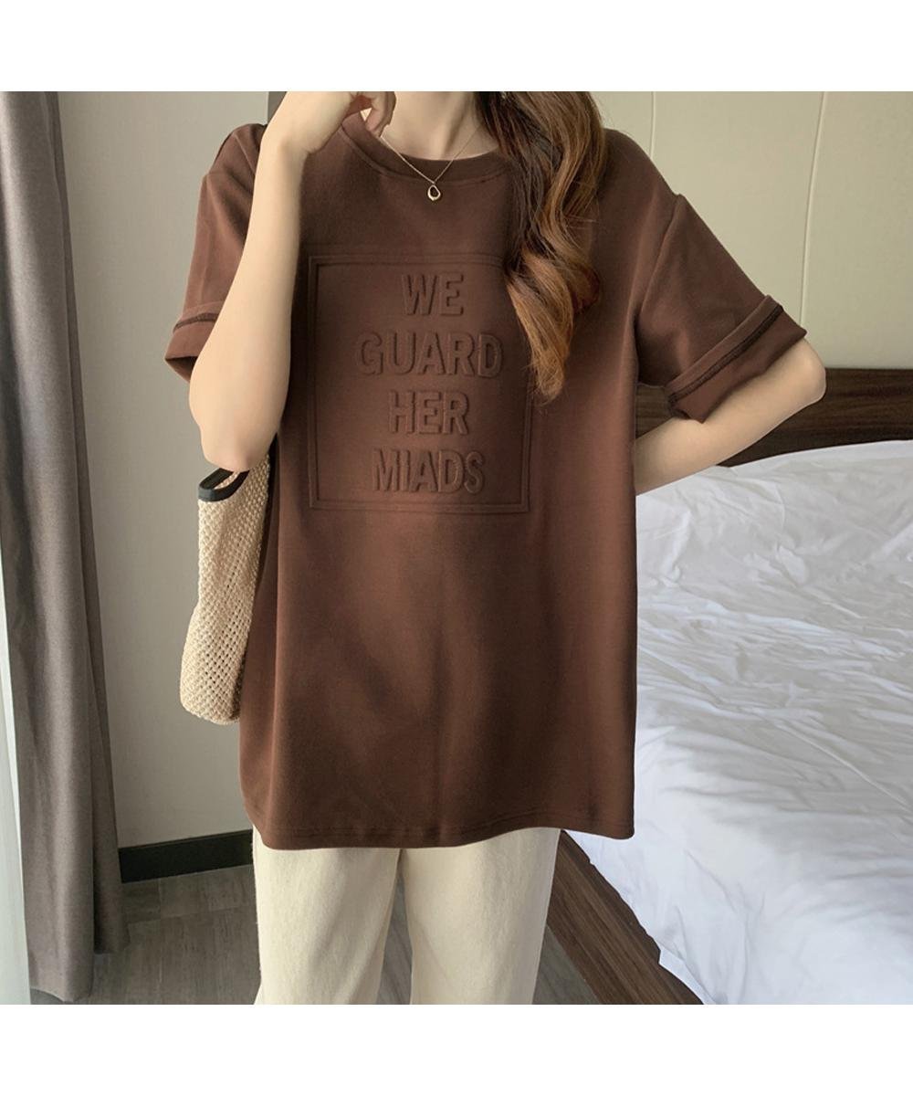 【ミニミニストア/miniministore】の立体ロゴtシャツ 韓国チュニックロンT インテリア・キッズ・メンズ・レディースファッション・服の通販 founy(ファウニー) 　ファッション　Fashion　レディースファッション　Fashion for Women　トップス・カットソー　Cut & Sew Tops　シャツ・ブラウス・オフィスカジュアル　Elegant Blouses & Button-Ups　ロングTシャツ・Tシャツ　Longline T-Shirts & Tees　カットソー　Cut and Sewn Top　チュニック　Tunic, Long Top　トレンド　Trend, Trending Now　ビッグ　Big, Oversized　半袖　Short Sleeve, Half Sleeve　ブラウン|ID: prp329100004987945 ipo3291000000037366772
