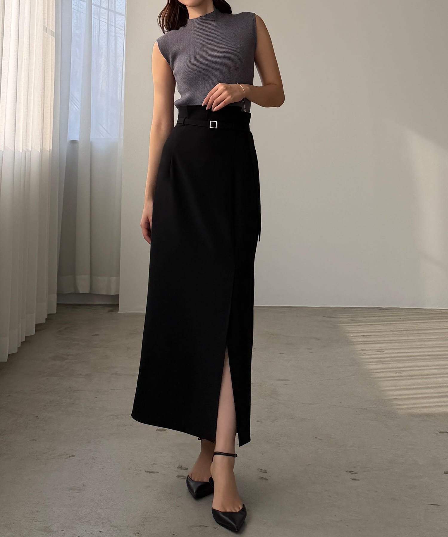 【ジュノア/JUNOAH】のLouere 細ベルト付き前スリットタイトスカート インテリア・キッズ・メンズ・レディースファッション・服の通販 founy(ファウニー) 　ファッション　Fashion　レディースファッション　Fashion for Women　スカート　Skirts　ベルト&ウエストマーク　Belts & Waist Accessories　ウォッシュ　Washed Finish　タンブラー　Tumbler, Travel Mug　ダメージ　Distressed, Destroyed　ネップ　Nepp, Slub Yarn　プリント　Print, Printed Pattern　おすすめ　Recommended / Our Picks　ブラック|ID: prp329100004987995 ipo3291000000037367089