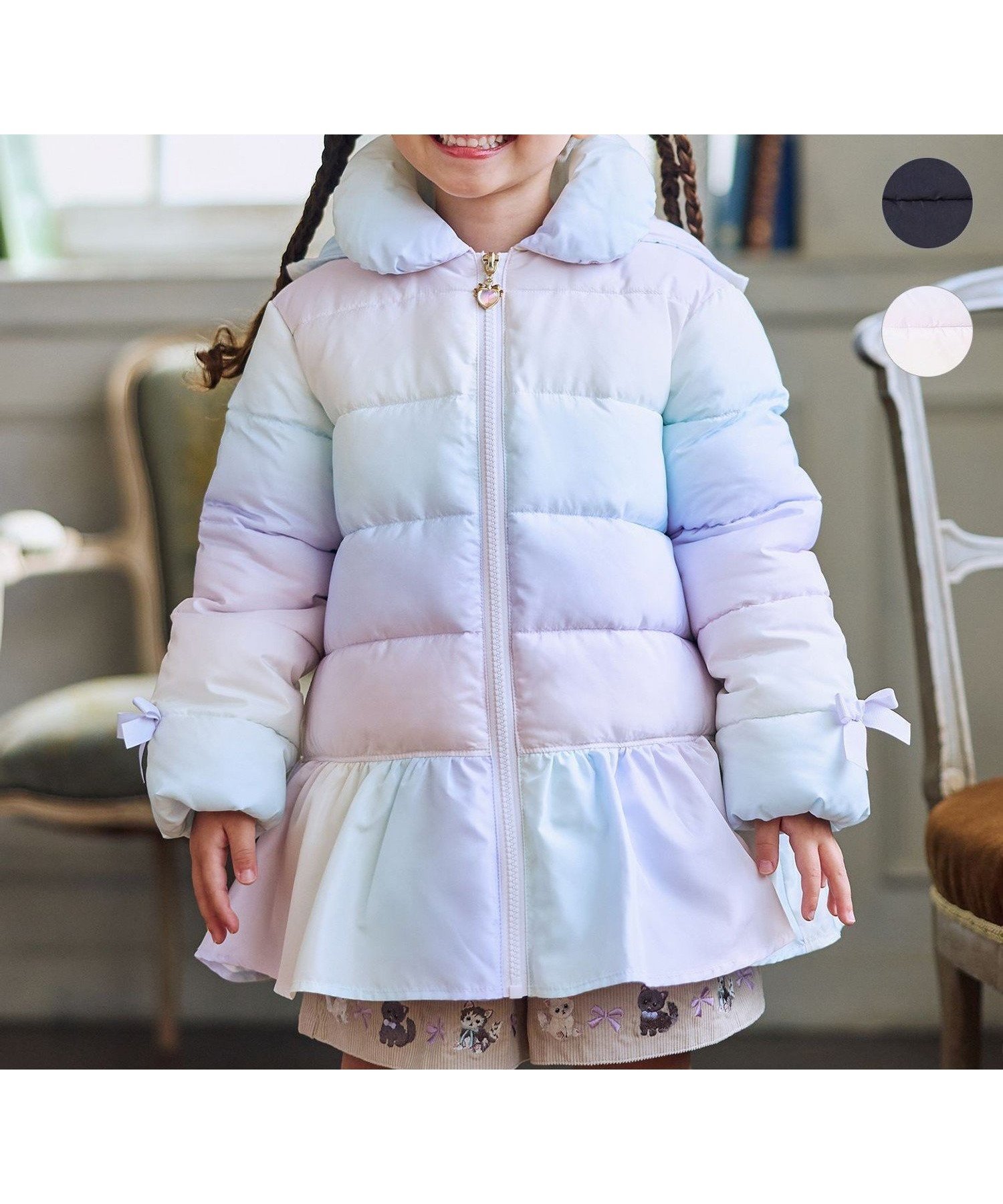 【エニー/ANY / KIDS】の【フード取り外し/洗濯機可能】中綿フリル リボンコート インテリア・キッズ・メンズ・レディースファッション・服の通販 founy(ファウニー) 　ファッション　Fashion　キッズファッション　Fashion for Kids　アウター　Coat Outerwear /Kids　洗える　Machine Washable　チャーム　Charm, Pendant　フリル　Frill, Ruffle　フレア　Flare, Flared　ポケット　Pocket, Pocket Detail　防寒　Cold Protection, Winter-Ready　リボン　Ribbon, Bow　冬　Winter / This Winter　レインボー[882]|ID: prp329100004988191 ipo3291000000037368397