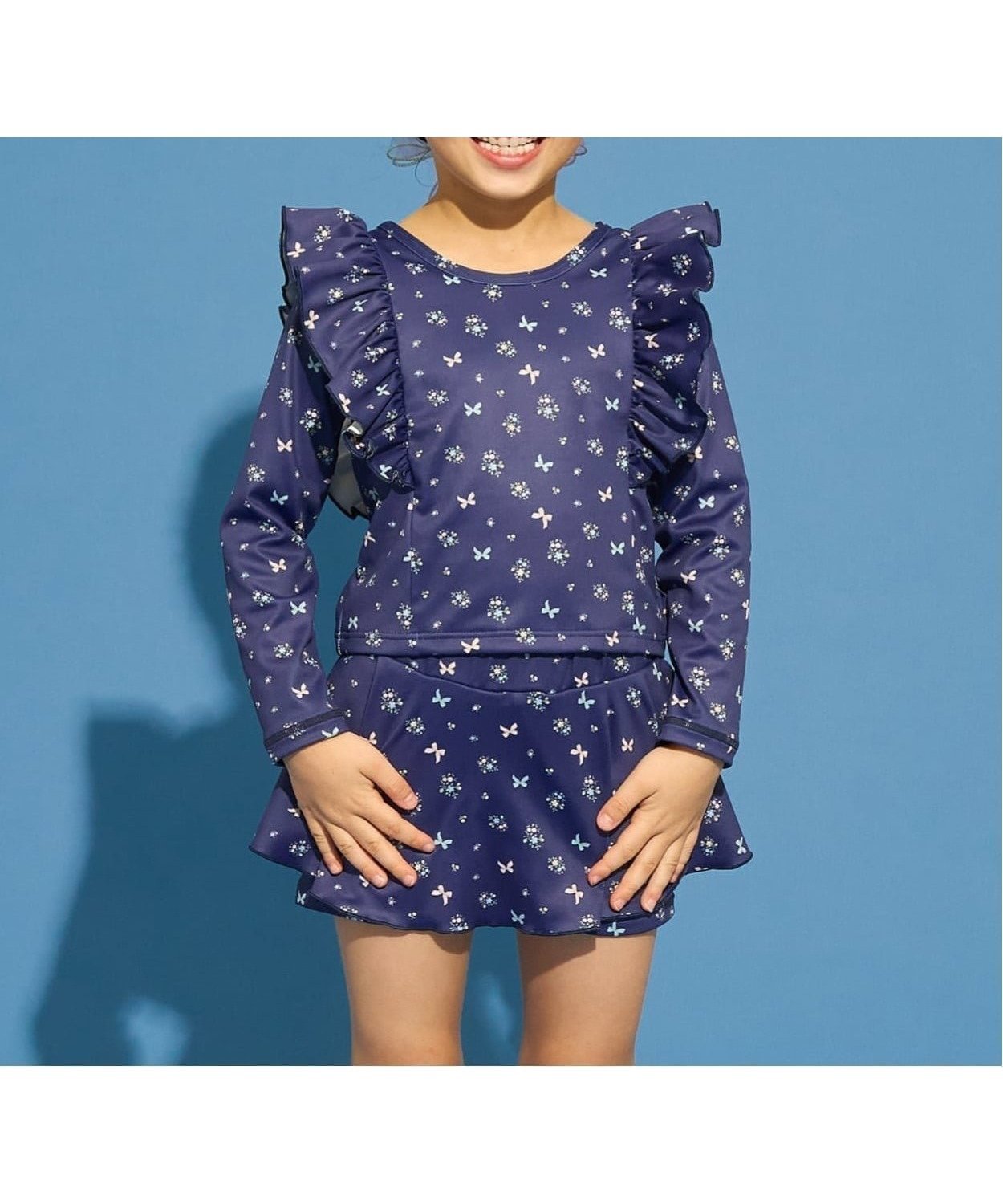 【ナルミヤ オンライン/NARUMIYA ONELINE / KIDS】の【SWIM】【UV カット】花柄フリルラッシュガード・スカパンセット インテリア・キッズ・メンズ・レディースファッション・服の通販 founy(ファウニー) 　ファッション　Fashion　キッズファッション　Fashion for Kids　インナー　Innerwear　ガーリー　Girly, Feminine Style　フリル　Frill, Ruffle　プリント　Print, Printed Pattern　ポケット　Pocket, Pocket Detail　紺|ID: prp329100004988339 ipo3291000000037369374
