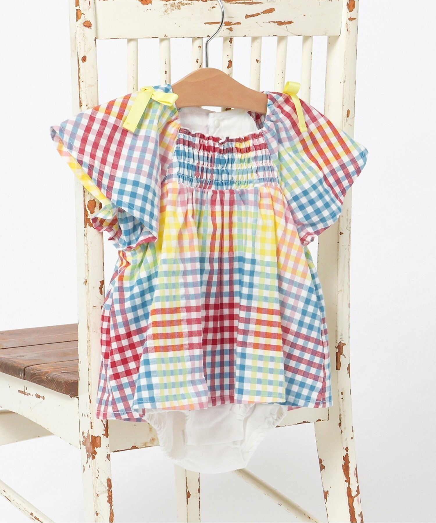 【エフオー オンラインストア/F.O.Online Store / KIDS】の【リンク】肩リボンシャーリングロンパス インテリア・キッズ・メンズ・レディースファッション・服の通販 founy(ファウニー) 　ファッション　Fashion　キッズファッション　Fashion for Kids　ギフト プレゼント　Gift / Present　ネップ　Nepp, Slub Yarn　ベビー　Baby, Babywear　ロンパース　Romper, Jumpsuit　チェック柄|ID: prp329100004988352 ipo3291000000037369439
