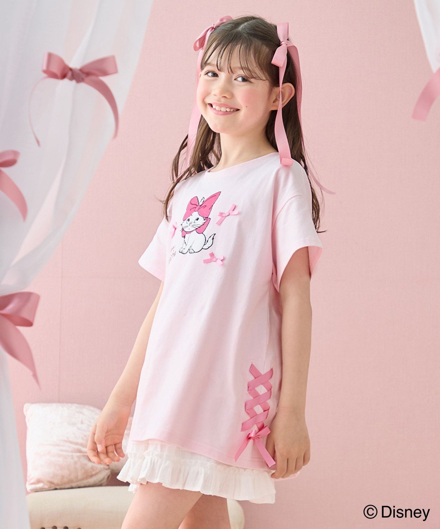 【エニー/ANY / KIDS】の【ディズニー/マリー】レースアップ オーバー半袖Tシャツ インテリア・キッズ・メンズ・レディースファッション・服の通販 founy(ファウニー) 　ファッション　Fashion　キッズファッション　Fashion for Kids　ガーリー　Girly, Feminine Style　キャップ　Cap, Baseball Cap　コレクション　Collection, Seasonal Line　ショート　Short, Short Length　チェック　Check, Plaid, Tartan　トレンド　Trend, Trending Now　ネコ　Cat, Feline Motif　フロント　Front, Front Design　ポシェット　Pochette, Mini Bag　半袖　Short Sleeve, Half Sleeve　リボン　Ribbon, Bow　レース　Lace, Lace Fabric　ロング　Long, Long-Length　ピンク[012]|ID: prp329100004988372 ipo3291000000037369537