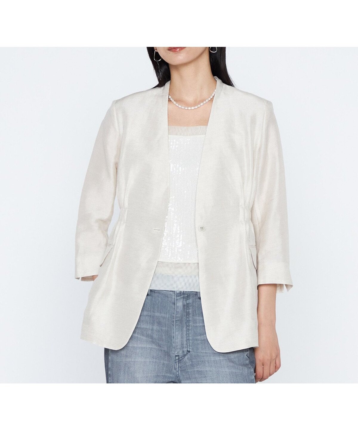 【コムサ/COMME CA】の《セットアップ対応》リネン*シルクツイル ノーカラー タックジャケット インテリア・キッズ・メンズ・レディースファッション・服の通販 founy(ファウニー) 　ファッション　Fashion　レディースファッション　Fashion for Women　アウター　Coat / Outerwear Collection　レディースジャケット・軽アウター　Jackets　シフォン　Chiffon, Lightweight Fabric　シルク　Silk, 100% Silk　ジャケット　Jacket, Outerwear　セットアップ　Set-Up, Coordinated Outfit　タンブラー　Tumbler, Travel Mug　ツイル　Twist, Twisted Detail　テーラード　Tailored, Tailored Fit　ドレープ　Drape, Draping Fabric　なめらか　Smooth, Silky Texture　リネン　Linen, Linen Fabric　レース　Lace, Lace Fabric　ワイド　Wide, Wide Fit　15:亜麻|ID: prp329100004988741 ipo3291000000037371807