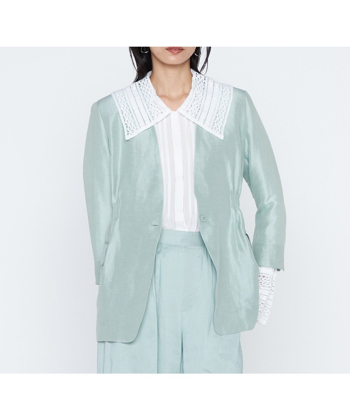 【コムサ/COMME CA】の《セットアップ対応》リネン*シルクツイル ノーカラー タックジャケット インテリア・キッズ・メンズ・レディースファッション・服の通販 founy(ファウニー) 　ファッション　Fashion　レディースファッション　Fashion for Women　アウター　Coat / Outerwear Collection　レディースジャケット・軽アウター　Jackets　シフォン　Chiffon, Lightweight Fabric　シルク　Silk, 100% Silk　ジャケット　Jacket, Outerwear　セットアップ　Set-Up, Coordinated Outfit　タンブラー　Tumbler, Travel Mug　ツイル　Twist, Twisted Detail　テーラード　Tailored, Tailored Fit　ドレープ　Drape, Draping Fabric　なめらか　Smooth, Silky Texture　リネン　Linen, Linen Fabric　レース　Lace, Lace Fabric　ワイド　Wide, Wide Fit　21:セージグリーン|ID: prp329100004988741 ipo3291000000037371808