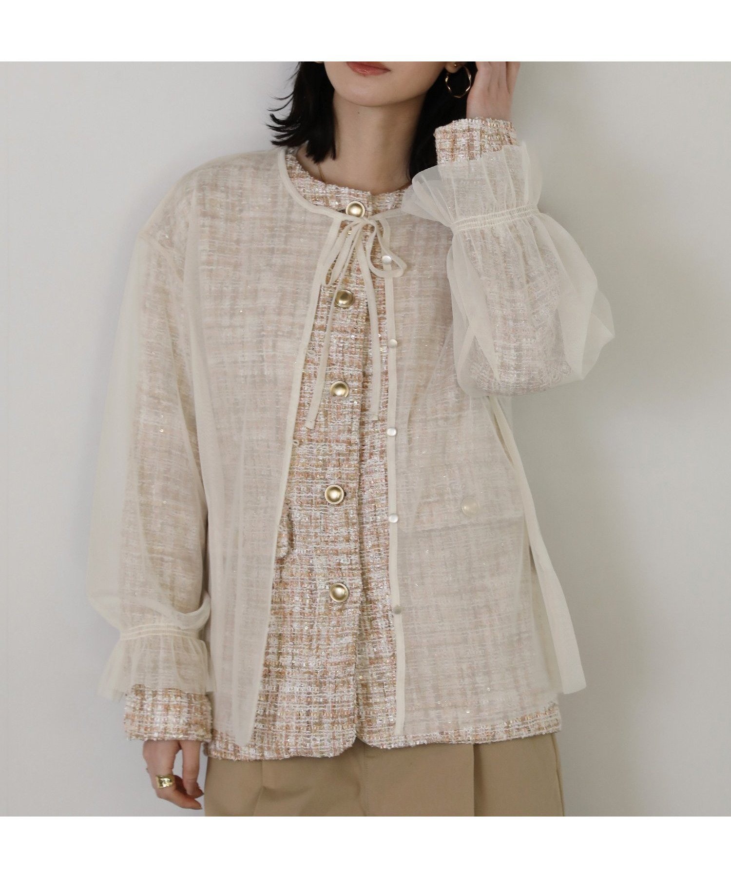 【ザ カジュアル/THE CASUAL】のチュールレイヤードツィードジャケット インテリア・キッズ・メンズ・レディースファッション・服の通販 founy(ファウニー) 　ファッション　Fashion　レディースファッション　Fashion for Women　アウター　Coat / Outerwear Collection　レディースジャケット・軽アウター　Jackets　アイボリー2|ID: prp329100004988809 ipo3291000000037372248