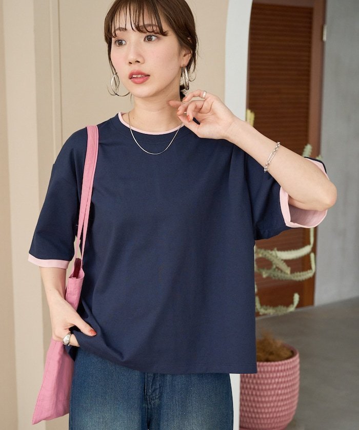 【フリークスストア/FREAK'S STORE】の裏配色スリーブ半袖Tシャツ【限定展開】 インテリア・キッズ・メンズ・レディースファッション・服の通販 founy(ファウニー) 　ファッション　Fashion　レディースファッション　Fashion for Women　トップス・カットソー　Cut & Sew Tops　シャツ・ブラウス・オフィスカジュアル　Elegant Blouses & Button-Ups　ロングTシャツ・Tシャツ　Longline T-Shirts & Tees　2026年　2026　2026春夏・S/S　Spring/Summer 2026 SS26　おすすめ　Recommended / Our Picks　インナー　Innerwear　シューズ　Shoes, Footwear　シンプル　Simple, Minimal　スリーブ　Sleeve, Long Sleeve / Short Sleeve　バランス　Balance, Style Balance　フラット　Flat, Flat Shoes　ボトム　Bottoms, Lower Wear　リラックス　Relax, Relaxed Fit　ロング　Long, Long-Length　ワイド　Wide, Wide Fit　半袖　Short Sleeve, Half Sleeve　夏　Summer　S/S・春夏　SS, Spring/Summer, Warm Season　無地　Plain, Solid Color　ネイビー×ピンク|ID: prp329100004989451 ipo3291000000037373415