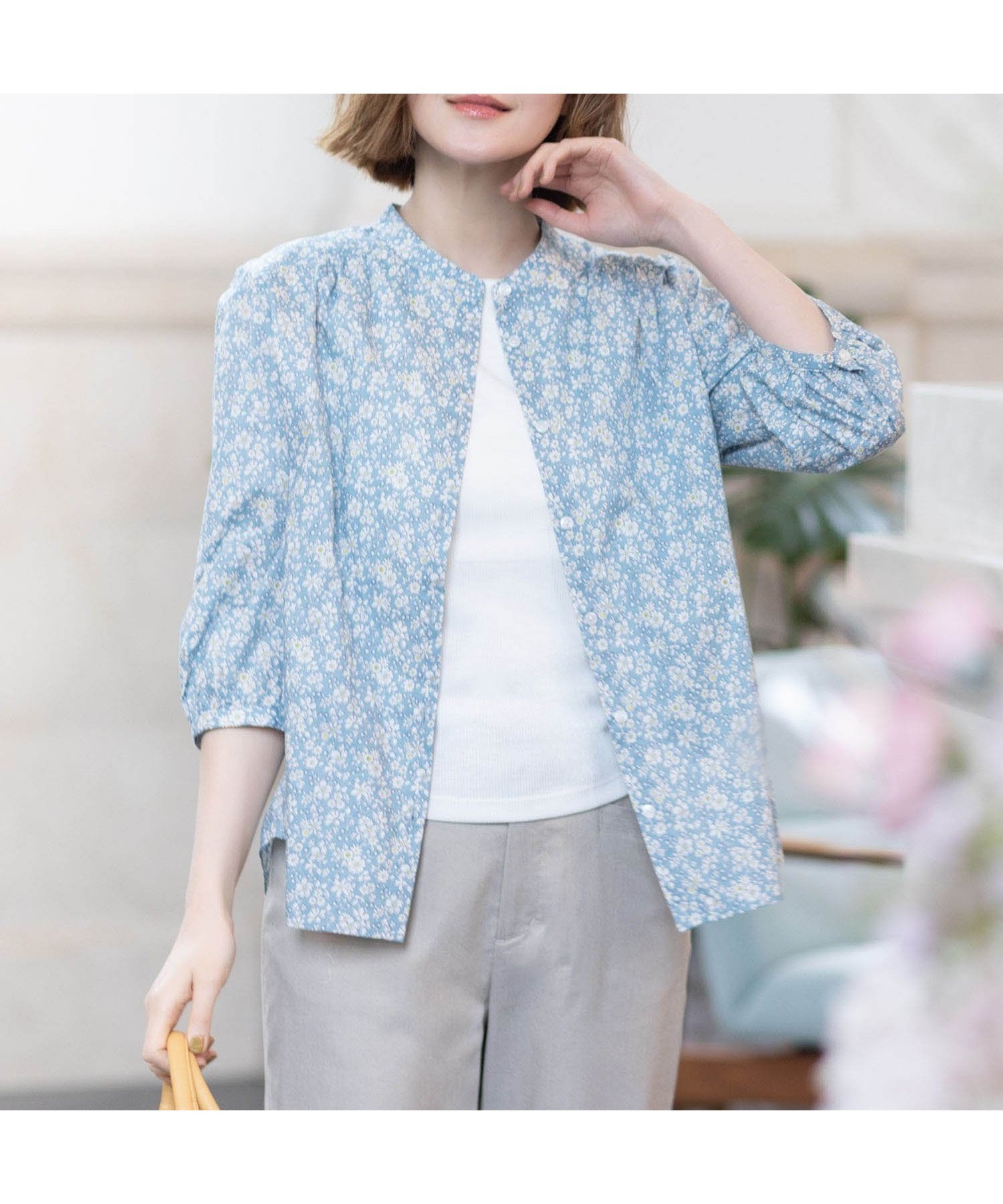 【プチ オンフルール/Petit Honfleur】の【Liberty】リバティプリントスタンドカラーシャツ インテリア・キッズ・メンズ・レディースファッション・服の通販 founy(ファウニー) 　ファッション　Fashion　レディースファッション　Fashion for Women　トップス・カットソー　Cut & Sew Tops　シャツ・ブラウス・オフィスカジュアル　Elegant Blouses & Button-Ups　サックス|ID: prp329100004989476 ipo3291000000037373570