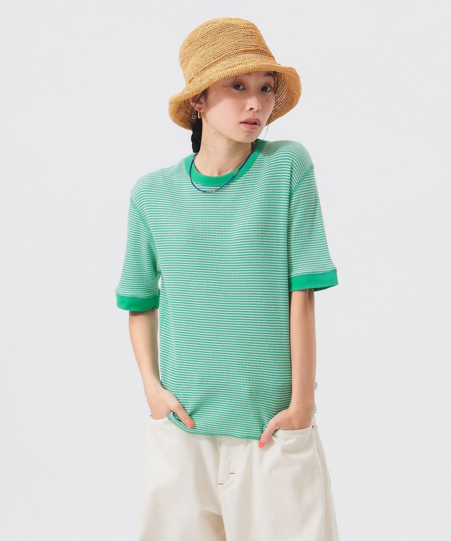 【ビームス ウイメン/BEAMS】の【別注】Healthknit / ワッフル ボーダー Tシャツ インテリア・キッズ・メンズ・レディースファッション・服の通販 founy(ファウニー) 　ファッション　Fashion　レディースファッション　Fashion for Women　トップス・カットソー　Cut & Sew Tops　ニット　Knit Tops & Sweaters　シャツ・ブラウス・オフィスカジュアル　Elegant Blouses & Button-Ups　ロングTシャツ・Tシャツ　Longline T-Shirts & Tees　インナー　Innerwear　カラフル　Colorful Design　ボーダー　Border, Stripe　別注　Limited Edition, Custom Order　ワッフル　Waffle, Waffle Knit　GREEN/OFF|ID: prp329100004989487 ipo3291000000037373658