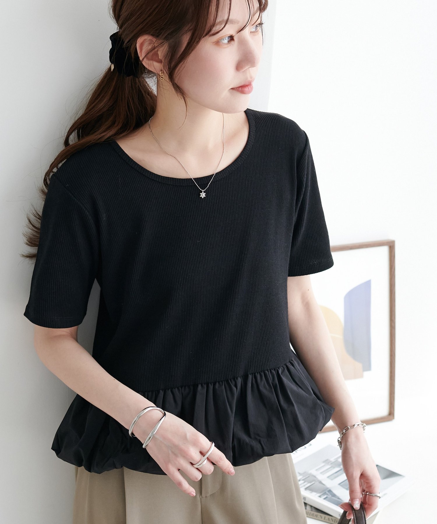 【ディスコート/Discoat】のリブ裾バルーン5分袖プルオーバー インテリア・キッズ・メンズ・レディースファッション・服の通販 founy(ファウニー) 　ファッション　Fashion　レディースファッション　Fashion for Women　トップス・カットソー　Cut & Sew Tops　カジュアルプルオーバー・ニットトップス　Pullovers & Knit Tops / Casual Pullovers　おすすめ　Recommended / Our Picks　とろみ　Fluid, Flowy Fabric　コンパクト　Compact, Small Size　センター　Center, Center Line　デニム　Denim, Jeans Material　バルーン　Balloon, Balloon Silhouette　フィット　Fit, Slim Fit　定番　Standard, Basic Item　ブラック|ID: prp329100004989604 ipo3291000000037374675