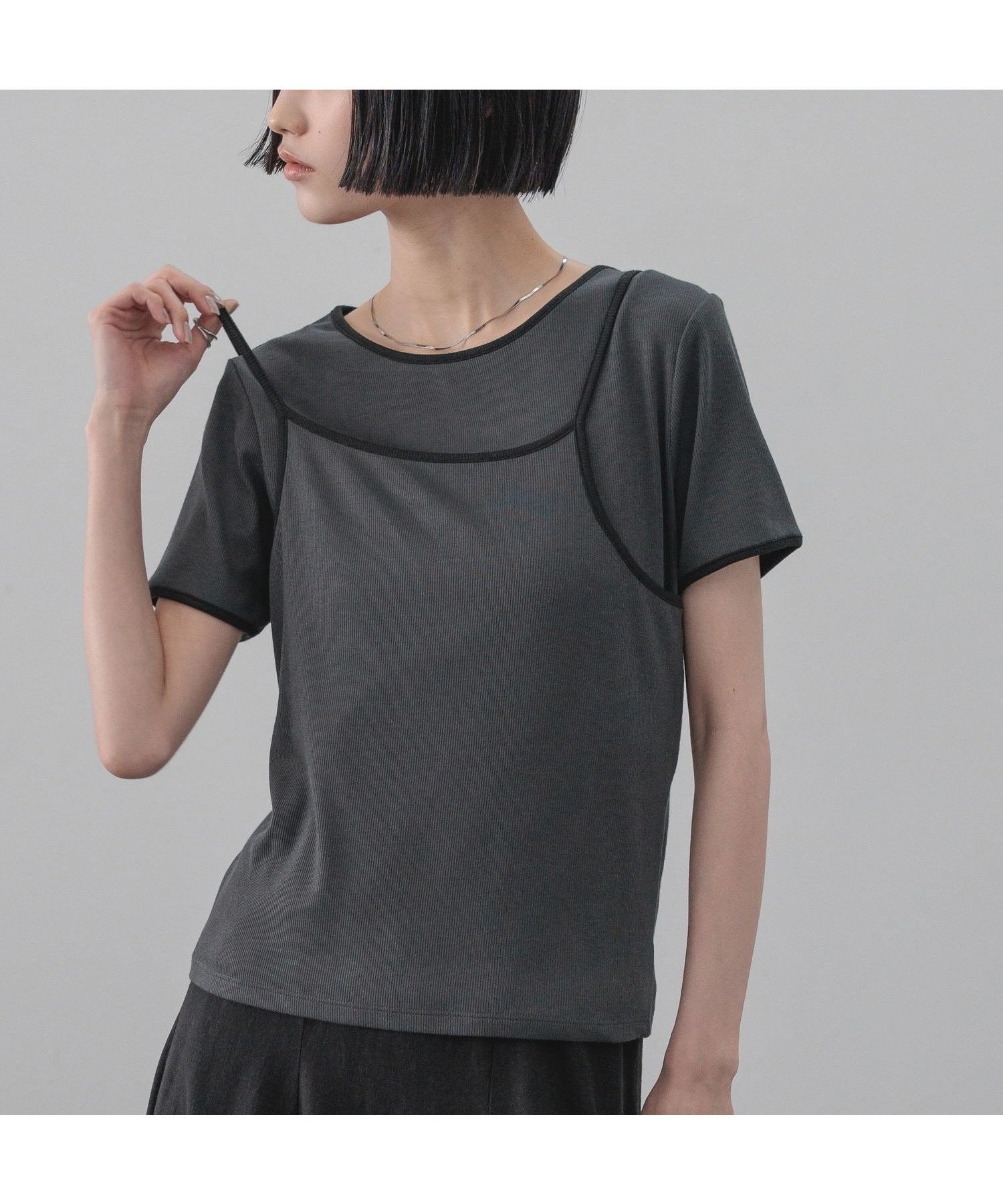 【ローリーズファーム/LOWRYS FARM】のハイショク2PプルオーバーSS インテリア・キッズ・メンズ・レディースファッション・服の通販 founy(ファウニー) 　ファッション　Fashion　レディースファッション　Fashion for Women　トップス・カットソー　Cut & Sew Tops　カジュアルプルオーバー・ニットトップス　Pullovers & Knit Tops / Casual Pullovers　キャミ　Camisole, Cami Top　コンパクト　Compact, Small Size　シンプル　Simple, Minimal　テレコ　Ribbed, Rib Stitch　バランス　Balance, Style Balance　パイピング　Piping, Trim Design　ボトム　Bottoms, Lower Wear　チャコールグレー18|ID: prp329100004989605 ipo3291000000037374679