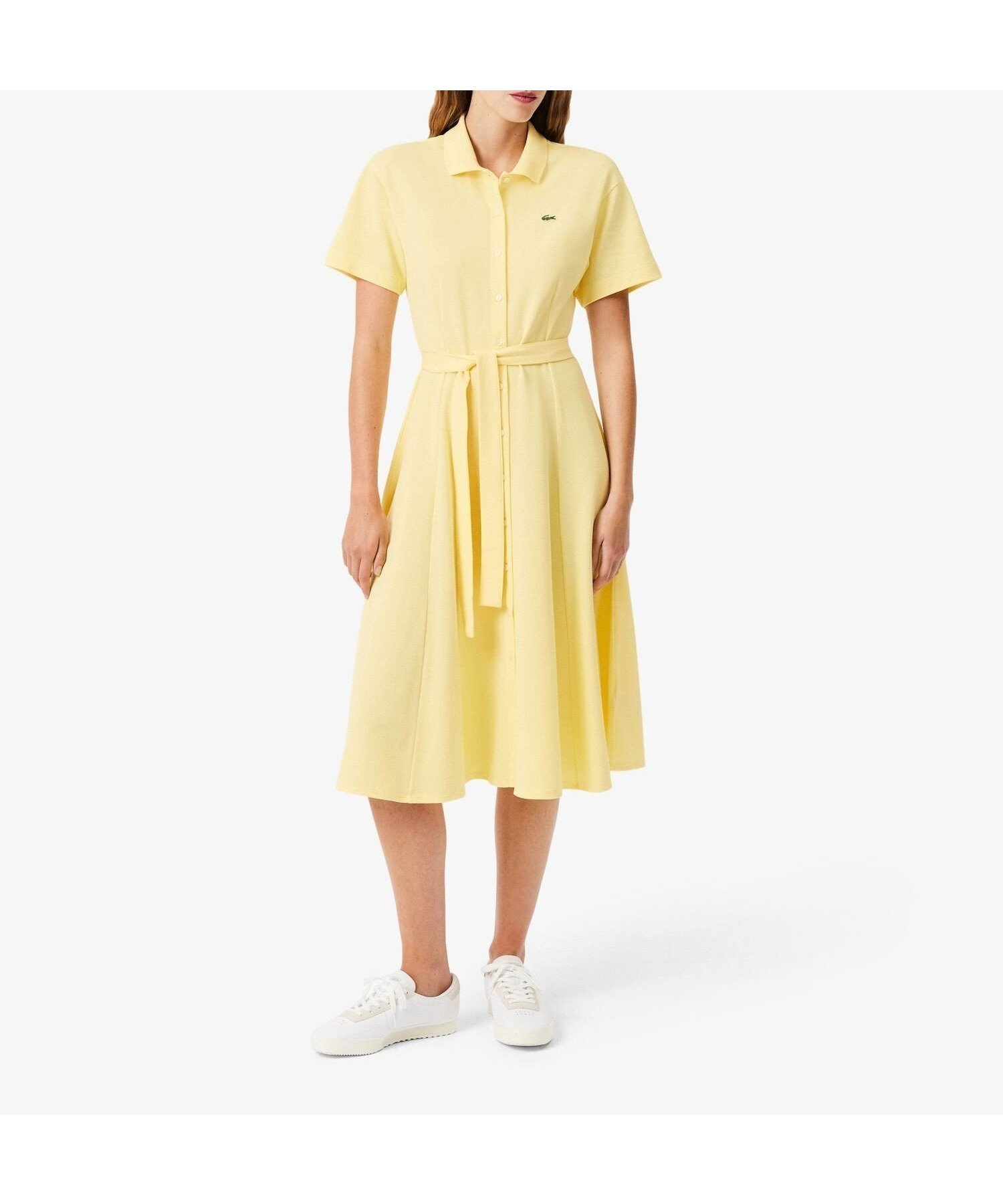 【ラコステ/LACOSTE】の鹿の子地シャツドレス ドレープフレアワンピース インテリア・キッズ・メンズ・レディースファッション・服の通販 founy(ファウニー) 　ファッション　Fashion　レディースファッション　Fashion for Women　ワンピース　Dresses　フォーマル・パーティードレス・結婚式用ドレス　Elegant & Casual Dresses　エレガント 上品　Elegant　ドレス　Dress, One-Piece　ドレープ　Drape, Draping Fabric　ポロシャツ　Polo Shirt, Collared Tee　羽織　Haori, Light Jacket　鹿の子　Piqué, Kanoko Fabric　ペールイエロー|ID: prp329100004989682 ipo3291000000037375152