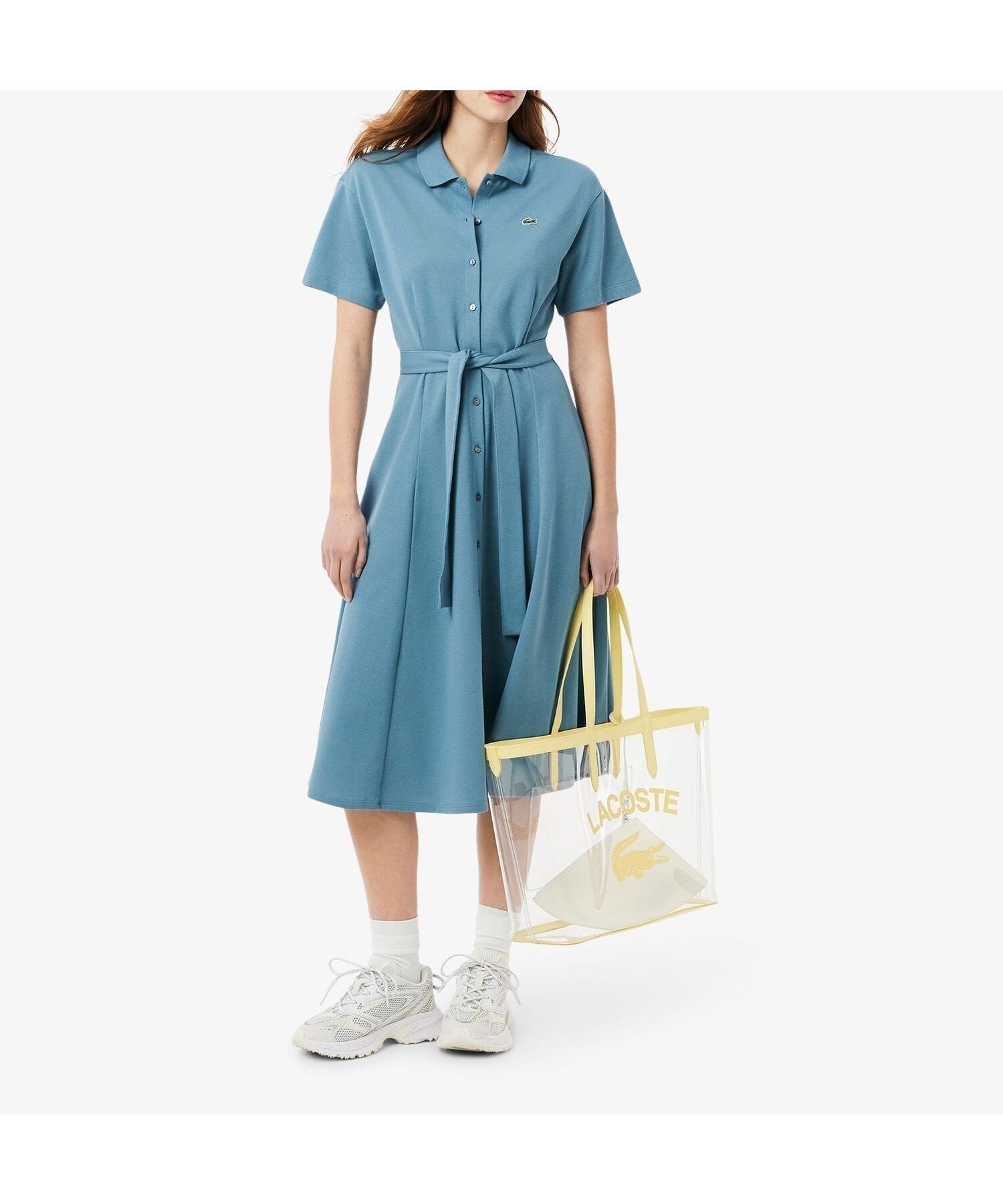 【ラコステ/LACOSTE】の鹿の子地シャツドレス ドレープフレアワンピース インテリア・キッズ・メンズ・レディースファッション・服の通販 founy(ファウニー) 　ファッション　Fashion　レディースファッション　Fashion for Women　ワンピース　Dresses　フォーマル・パーティードレス・結婚式用ドレス　Elegant & Casual Dresses　エレガント 上品　Elegant　ドレス　Dress, One-Piece　ドレープ　Drape, Draping Fabric　ポロシャツ　Polo Shirt, Collared Tee　羽織　Haori, Light Jacket　鹿の子　Piqué, Kanoko Fabric　グレイッシュブルー|ID: prp329100004989682 ipo3291000000037375153