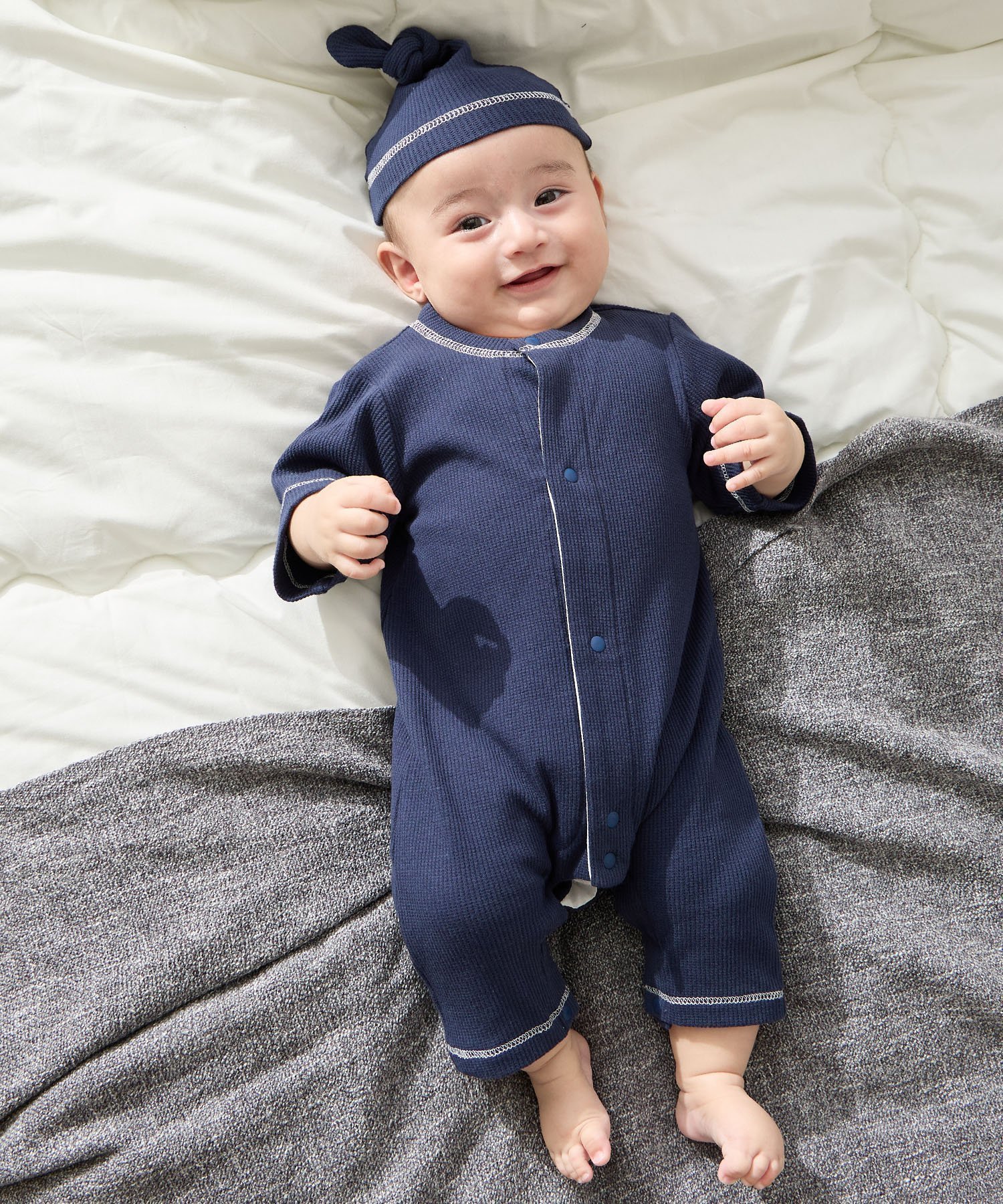 【クロスマルシェ/cross marche / KIDS】の【親子でお揃い】ワッフルベビー退院着 インテリア・キッズ・メンズ・レディースファッション・服の通販 founy(ファウニー) 　ファッション　Fashion　キッズファッション　Fashion for Kids　おすすめ　Recommended / Our Picks　ギフト プレゼント　Gift / Present　ベビー　Baby, Babywear　ワッフル　Waffle, Waffle Knit　巾着　Drawstring Bag, Kinchaku　帽子　Hat, Headwear　ネイビー|ID: prp329100004989809 ipo3291000000037375840