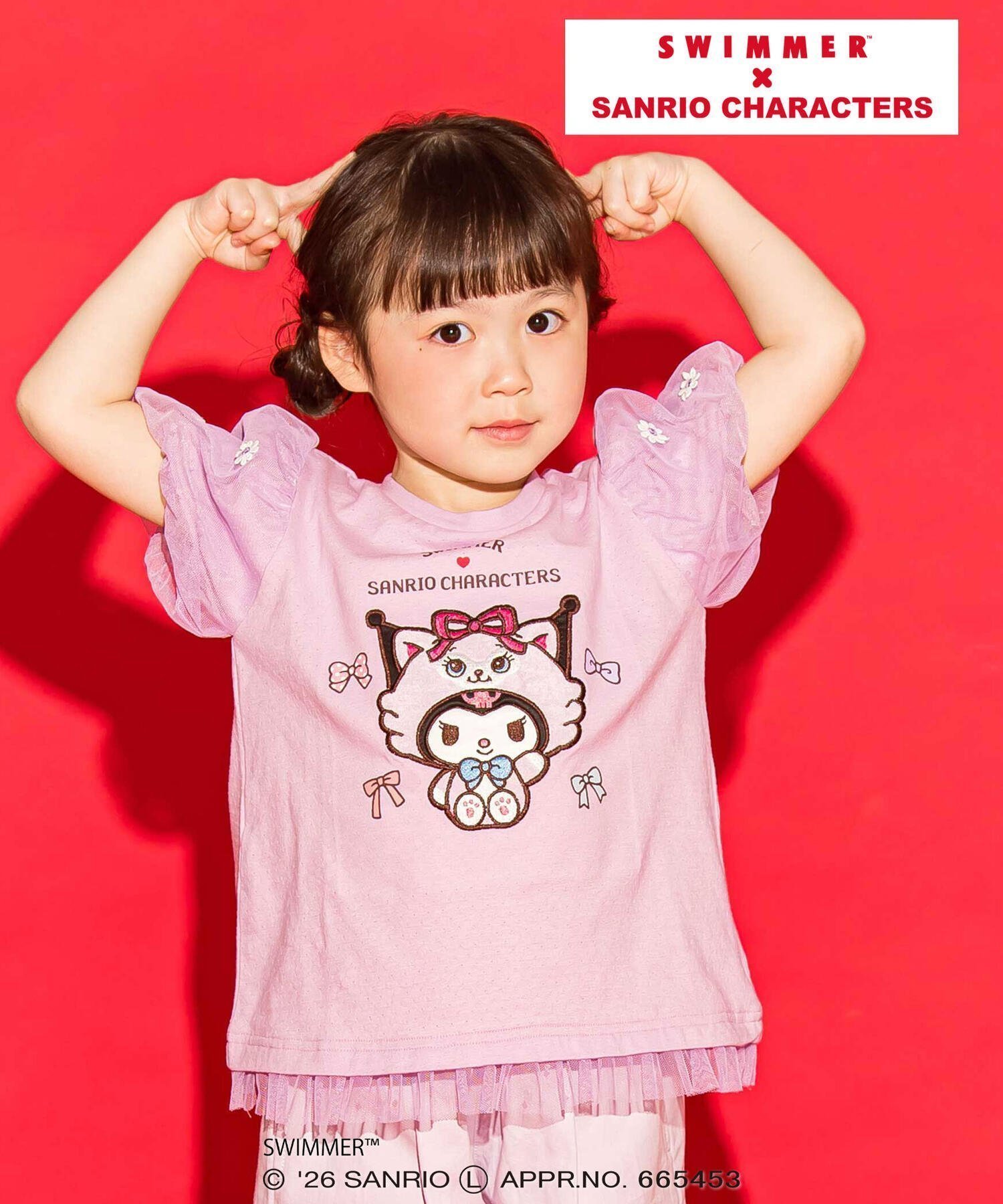 【ベベ オンライン ストア/BEBE ONLINE STORE / KIDS】の【SWIMMERxサンリオキャラクターズxSLAPSLIP】パフスリーブレーシ-天竺半袖Tシャツ(80~130cm) インテリア・キッズ・メンズ・レディースファッション・服の通販 founy(ファウニー) 　ファッション　Fashion　キッズファッション　Fashion for Kids　イエロー　Yellow　春　Spring　キャミ　Camisole, Cami Top　キャラクター　Character, Licensed Characters　コラボ　Collaboration, Collab　コレクション　Collection, Seasonal Line　スリーブ　Sleeve, Long Sleeve / Short Sleeve　チュール　Tulip, Tulip Motif　ハンカチ　Handkerchief, Hanky　パープル　Purple, Violet　フリル　Frill, Ruffle　フレンチ　French, French Style　プリント　Print, Printed Pattern　半袖　Short Sleeve, Half Sleeve　リボン　Ribbon, Bow　リュック　Backpack, Rucksack　レーシー　Lacy, Lace-Like　レース　Lace, Lace Fabric　S/S・春夏　SS, Spring/Summer, Warm Season　夏　Summer　エレガント 上品　Elegant　2026年　2026　2026春夏・S/S　Spring/Summer 2026 SS26　パープル|ID: prp329100004989840 ipo3291000000037376025