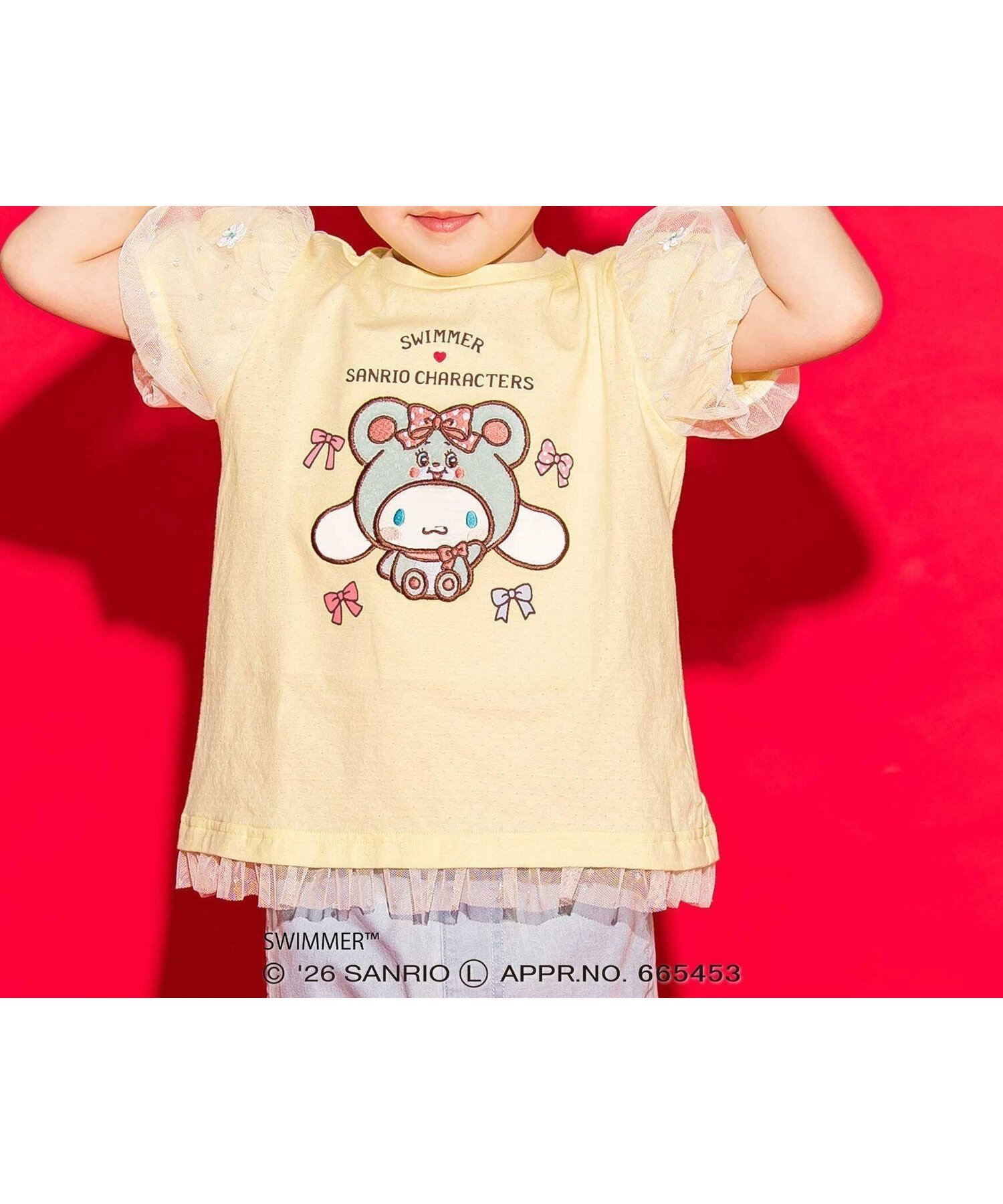 【ベベ オンライン ストア/BEBE ONLINE STORE / KIDS】の【SWIMMERxサンリオキャラクターズxSLAPSLIP】パフスリーブレーシ-天竺半袖Tシャツ(80~130cm) インテリア・キッズ・メンズ・レディースファッション・服の通販 founy(ファウニー) 　ファッション　Fashion　キッズファッション　Fashion for Kids　イエロー　Yellow　春　Spring　キャミ　Camisole, Cami Top　キャラクター　Character, Licensed Characters　コラボ　Collaboration, Collab　コレクション　Collection, Seasonal Line　スリーブ　Sleeve, Long Sleeve / Short Sleeve　チュール　Tulip, Tulip Motif　ハンカチ　Handkerchief, Hanky　パープル　Purple, Violet　フリル　Frill, Ruffle　フレンチ　French, French Style　プリント　Print, Printed Pattern　半袖　Short Sleeve, Half Sleeve　リボン　Ribbon, Bow　リュック　Backpack, Rucksack　レーシー　Lacy, Lace-Like　レース　Lace, Lace Fabric　S/S・春夏　SS, Spring/Summer, Warm Season　夏　Summer　エレガント 上品　Elegant　2026年　2026　2026春夏・S/S　Spring/Summer 2026 SS26　イエロー|ID: prp329100004989840 ipo3291000000037376027