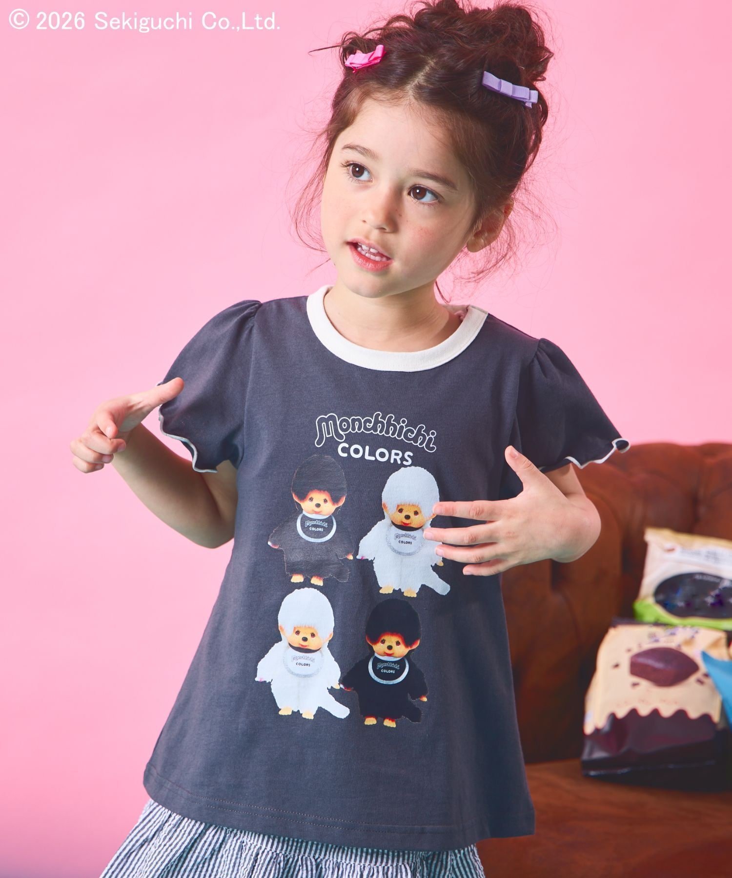 【ペアマノン/pairmanon / KIDS】の【モンチッチ】ガールズ 袖フリル 配色メロー 半袖プリントTシャツ インテリア・キッズ・メンズ・レディースファッション・服の通販 founy(ファウニー) 　ファッション　Fashion　キッズファッション　Fashion for Kids　おすすめ　Recommended / Our Picks　ガーリー　Girly, Feminine Style　フリル　Frill, Ruffle　プリント　Print, Printed Pattern　半袖　Short Sleeve, Half Sleeve　チャコール12|ID: prp329100004989864 ipo3291000000037376184