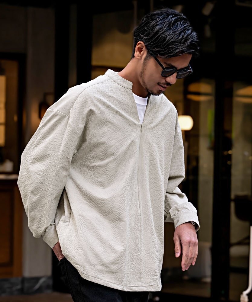 【シルバーバレット/SILVER BULLET / MEN】のCavariA スキッパースタンドカラーオーバー長袖シャツ インテリア・キッズ・メンズ・レディースファッション・服の通販 founy(ファウニー) 　ファッション　Fashion　メンズファッション　Fashion for Men　インナー　Innerwear　ジップ　Zip, Zipper　スタンド　Stand Collar, Upright Stand　トレンド　Trend, Trending Now　長袖　Long Sleeve, Full Sleeve　フロント　Front, Front Design　リラックス　Relax, Relaxed Fit　GREIGE|ID: prp329100004989948 ipo3291000000037376643