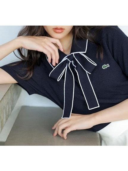 【スナイデル/SNIDEL】のLACOSTE/ボウタイポロニットプルオーバー インテリア・キッズ・メンズ・レディースファッション・服の通販 founy(ファウニー) 　ファッション　Fashion　レディースファッション　Fashion for Women　トップス・カットソー　Cut & Sew Tops　ニット　Knit Tops & Sweaters　カジュアルプルオーバー・ニットトップス　Pullovers & Knit Tops / Casual Pullovers　イエロー　Yellow　コンパクト　Compact, Small Size　鹿の子　Piqué, Kanoko Fabric　シンプル　Simple, Minimal　ストレート　Straight, Straight Cut　スマート　Smart, Elegant　デニム　Denim, Jeans Material　バランス　Balance, Style Balance　ボトム　Bottoms, Lower Wear　ボーダー　Border, Stripe　リボン　Ribbon, Bow　おすすめ　Recommended / Our Picks　エレガント 上品　Elegant　NVY[089]|ID: prp329100004990036 ipo3291000000037377106