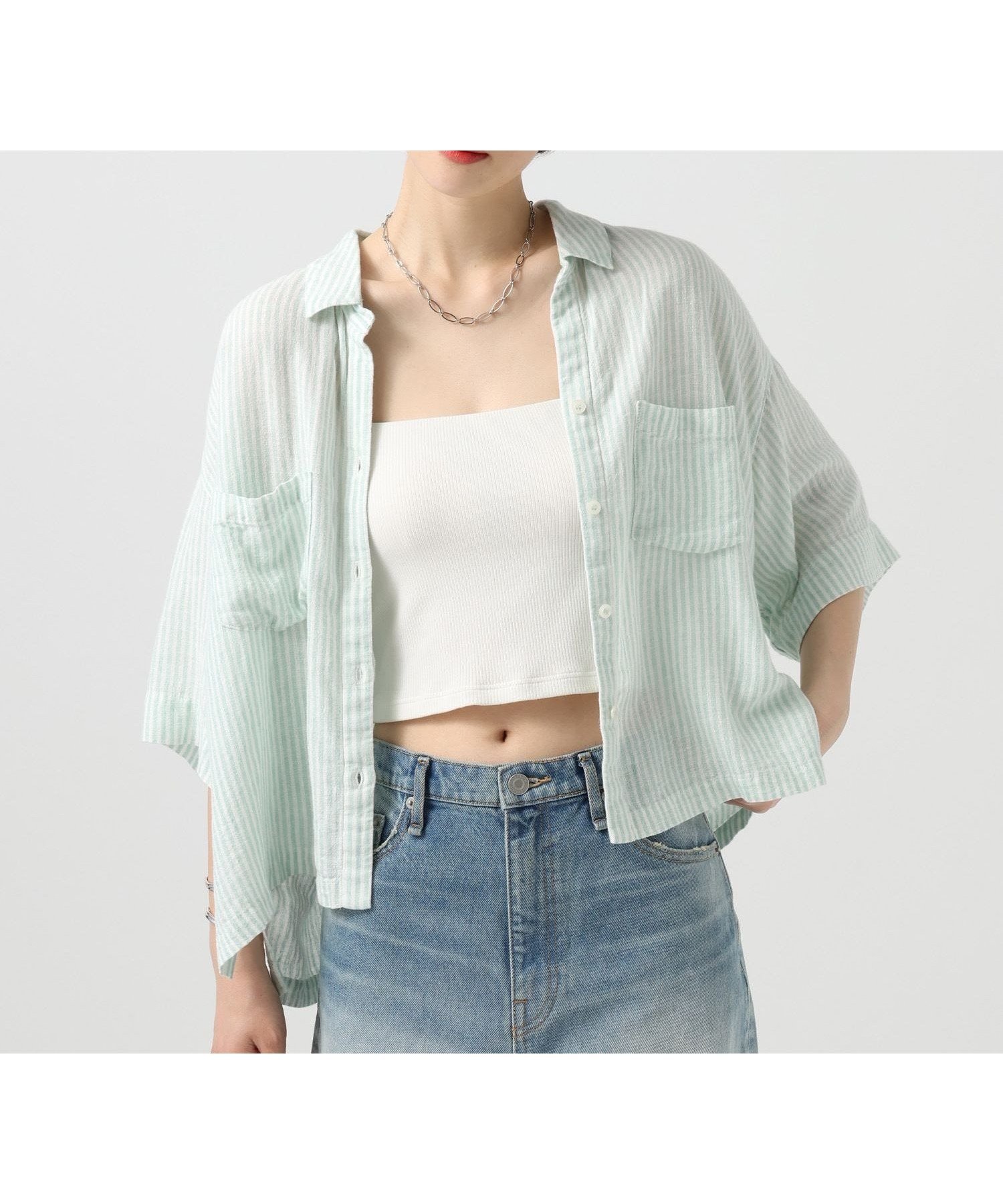 【ベイフロー/BAYFLOW】のリネンクロップド半袖シャツ インテリア・キッズ・メンズ・レディースファッション・服の通販 founy(ファウニー) 　ファッション　Fashion　レディースファッション　Fashion for Women　トップス・カットソー　Cut & Sew Tops　シャツ・ブラウス・オフィスカジュアル　Elegant Blouses & Button-Ups　おすすめ　Recommended / Our Picks　ショート　Short, Short Length　ストライプ　Stripe, Striped Pattern　スリット　Slit, Slit Detail　ポケット　Pocket, Pocket Detail　リネン　Linen, Linen Fabric　ワイド　Wide, Wide Fit　半袖　Short Sleeve, Half Sleeve　夏　Summer　春　Spring　S/S・春夏　SS, Spring/Summer, Warm Season　無地　Plain, Solid Color　ミントST71|ID: prp329100004990039 ipo3291000000037377130