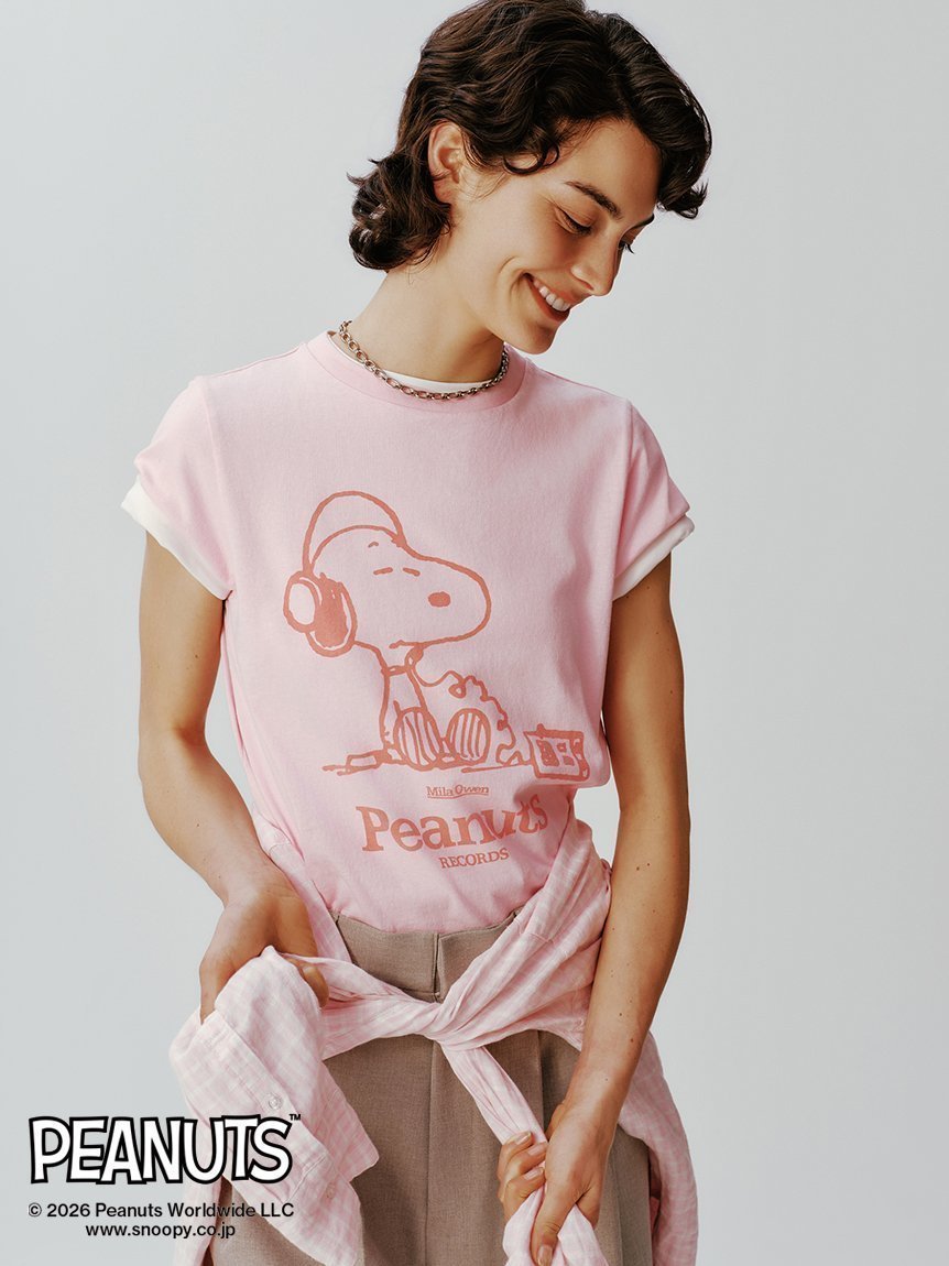 【ミラオーウェン/Mila Owen】の【PEANUTS RECORDS】スヌーピーTシャツ インテリア・キッズ・メンズ・レディースファッション・服の通販 founy(ファウニー) 　ファッション　Fashion　レディースファッション　Fashion for Women　トップス・カットソー　Cut & Sew Tops　シャツ・ブラウス・オフィスカジュアル　Elegant Blouses & Button-Ups　ロングTシャツ・Tシャツ　Longline T-Shirts & Tees　グラフィック　Graphic, Graphic Design　コラボ　Collaboration, Collab　コンパクト　Compact, Small Size　ジャケット　Jacket, Outerwear　スマート　Smart, Elegant　プリント　Print, Printed Pattern　モチーフ　Motif, Design Theme　PNK[066]|ID: prp329100004990049 ipo3291000000037377178