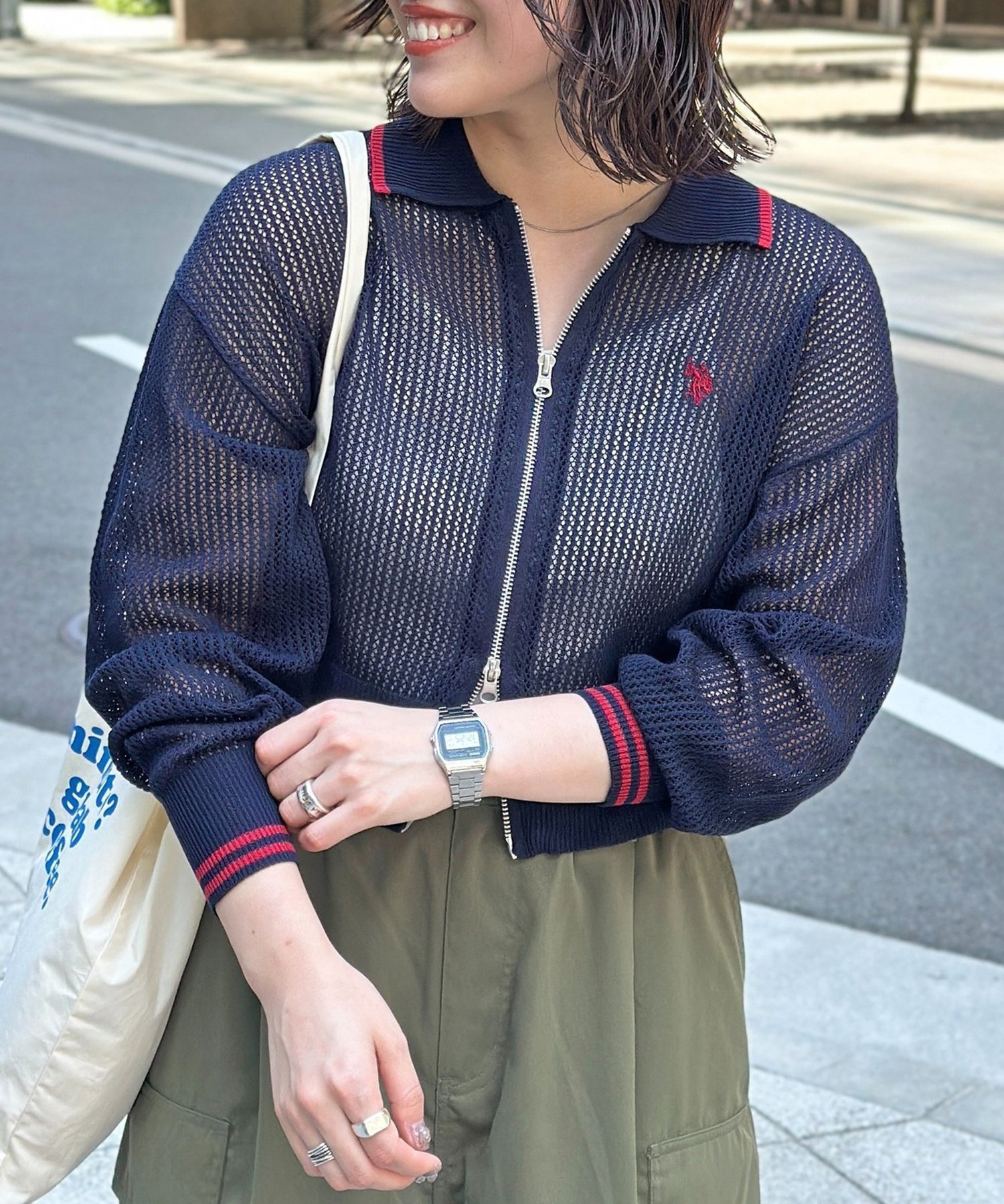 【シーピーシーエム/CPCM】の【U.S. POLO ASSN.】襟付きメッシュカーディガン インテリア・キッズ・メンズ・レディースファッション・服の通販 founy(ファウニー) 　ファッション　Fashion　レディースファッション　Fashion for Women　トップス・カットソー　Cut & Sew Tops　カーディガン・羽織り　Layered Style Cardigans　イタリア　Italy　春　Spring　秋　Autumn　腕時計　Wristwatch　カーディガン　Cardigan, Knitwear　キャミソール　Camisole, Spaghetti Strap Top　コレクション　Collection, Seasonal Line　タンク　Tank Top, Sleeveless Top　デニム　Denim, Jeans Material　トレンド　Trend, Trending Now　メッシュ　Mesh, Net Fabric　メンズ　Men's, Menswear　おすすめ　Recommended / Our Picks　エレガント 上品　Elegant　ネイビー|ID: prp329100004990061 ipo3291000000037377242