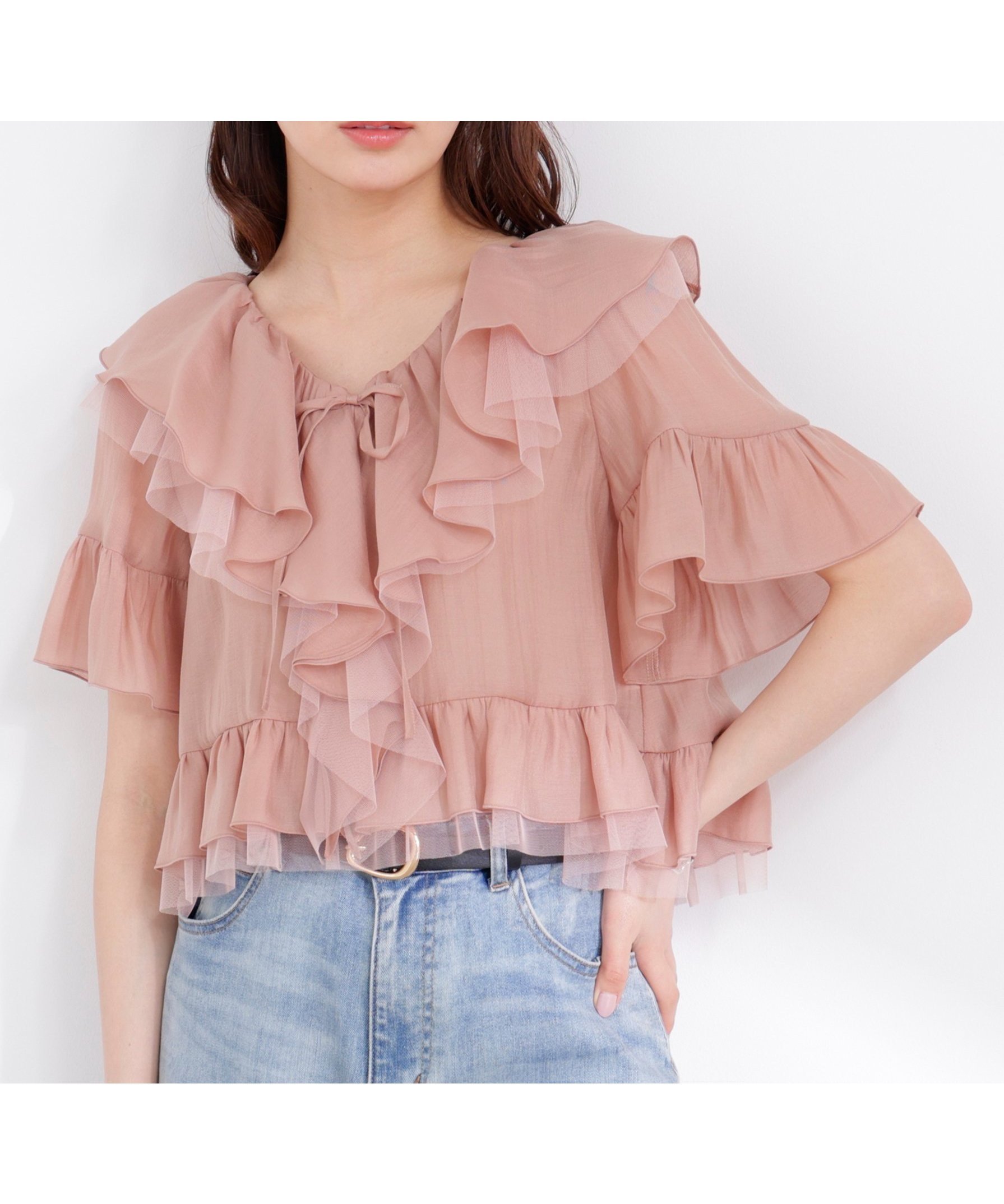 【プロポーション ボディドレッシング/PROPORTION BODY DRESSING】のチュール付きラッフルブラウス 26SS 大人の最旬トレンドファッション＆コーディネート founy(ファウニー) 　ファッション　Fashion　レディースファッション　Fashion for Women　トップス・カットソー　Cut & Sew Tops　シャツ・ブラウス・オフィスカジュアル　Elegant Blouses & Button-Ups　2026年　2026　2026春夏・S/S　Spring/Summer 2026 SS26　シアー　Sheer, See-Through　チュール　Tulip, Tulip Motif　デニム　Denim, Jeans Material　ラッフル　Ruffle, Frill　 other-1|ID: prp329100004990065 ipo3291000000037377258