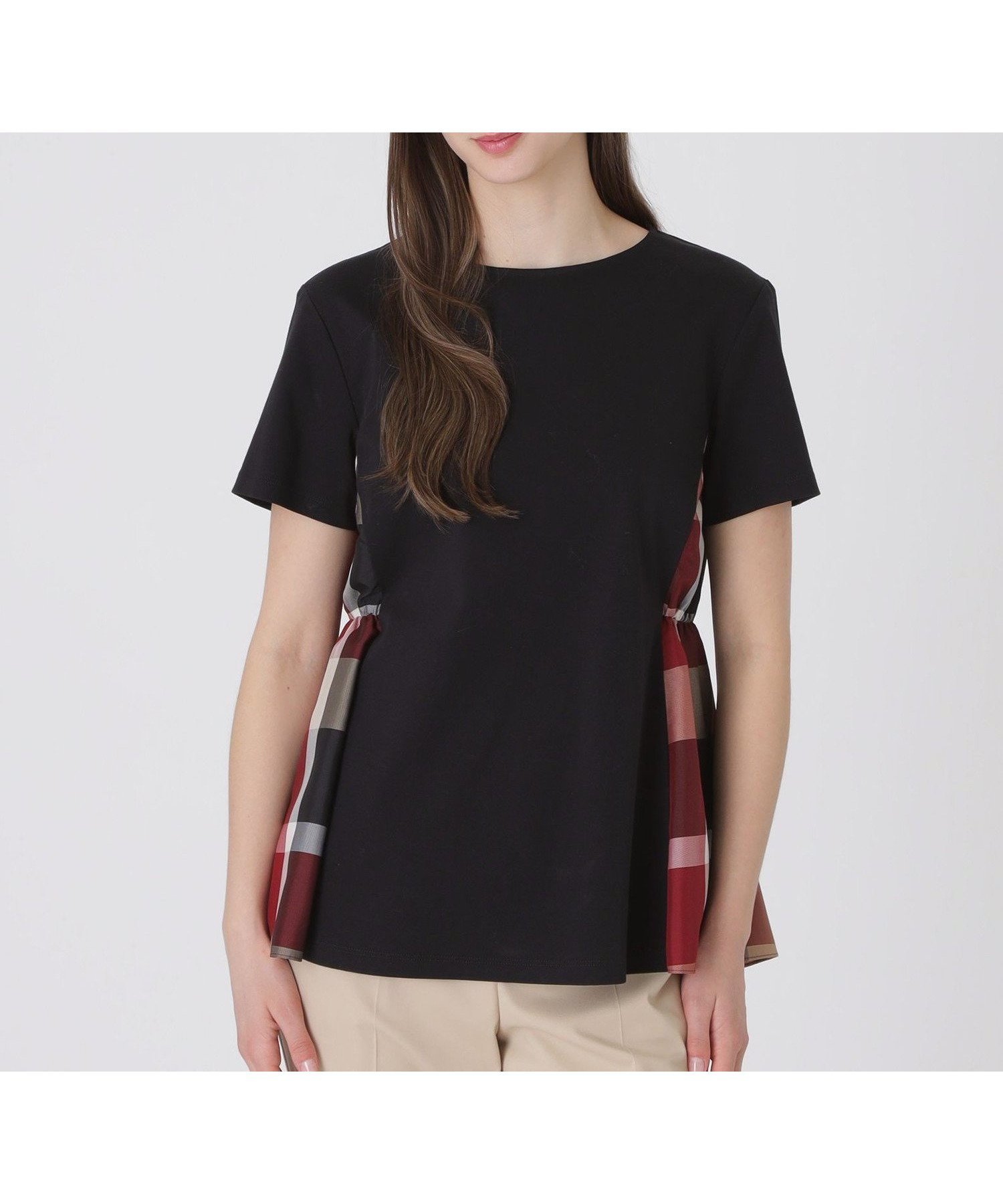 【ブルーレーベル クレストブリッジ/BLUE LABEL CRESTBRIDGE】の【接触冷感】シルケットスムースサイドチェックTシャツ インテリア・キッズ・メンズ・レディースファッション・服の通販 founy(ファウニー) 　ファッション　Fashion　レディースファッション　Fashion for Women　トップス・カットソー　Cut & Sew Tops　シャツ・ブラウス・オフィスカジュアル　Elegant Blouses & Button-Ups　ロングTシャツ・Tシャツ　Longline T-Shirts & Tees　シンプル　Simple, Minimal　ストレート　Straight, Straight Cut　チェック　Check, Plaid, Tartan　デニム　Denim, Jeans Material　ロング　Long, Long-Length　ワイド　Wide, Wide Fit　ブラック|ID: prp329100004990068 ipo3291000000037377284