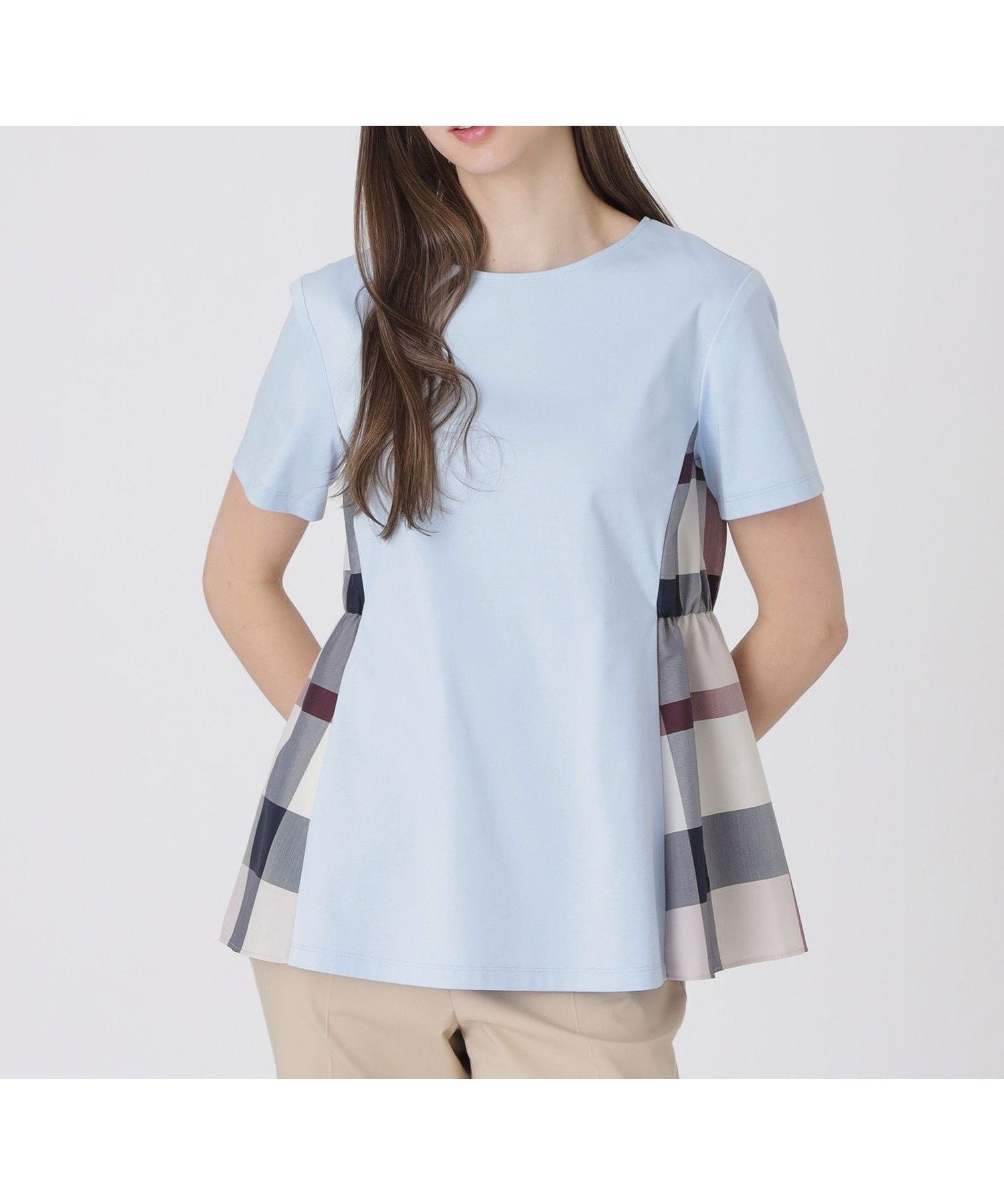 【ブルーレーベル クレストブリッジ/BLUE LABEL CRESTBRIDGE】の【接触冷感】シルケットスムースサイドチェックTシャツ インテリア・キッズ・メンズ・レディースファッション・服の通販 founy(ファウニー) 　ファッション　Fashion　レディースファッション　Fashion for Women　トップス・カットソー　Cut & Sew Tops　シャツ・ブラウス・オフィスカジュアル　Elegant Blouses & Button-Ups　ロングTシャツ・Tシャツ　Longline T-Shirts & Tees　シンプル　Simple, Minimal　ストレート　Straight, Straight Cut　チェック　Check, Plaid, Tartan　デニム　Denim, Jeans Material　ロング　Long, Long-Length　ワイド　Wide, Wide Fit　サックス|ID: prp329100004990068 ipo3291000000037377285