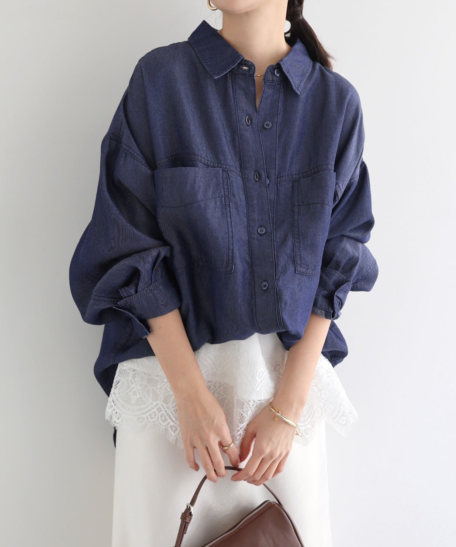 【アンドミー/andme】のテンセル デニム シャツ インテリア・キッズ・メンズ・レディースファッション・服の通販 founy(ファウニー) 　ファッション　Fashion　レディースファッション　Fashion for Women　トップス・カットソー　Cut & Sew Tops　シャツ・ブラウス・オフィスカジュアル　Elegant Blouses & Button-Ups　セットアップ　Set-Up, Coordinated Outfit　デニム　Denim, Jeans Material　長袖　Long Sleeve, Full Sleeve　ブラウジング　Blouson Silhouette, Cinched Waist　ポケット　Pocket, Pocket Detail　インディゴ|ID: prp329100004990086 ipo3291000000037377395