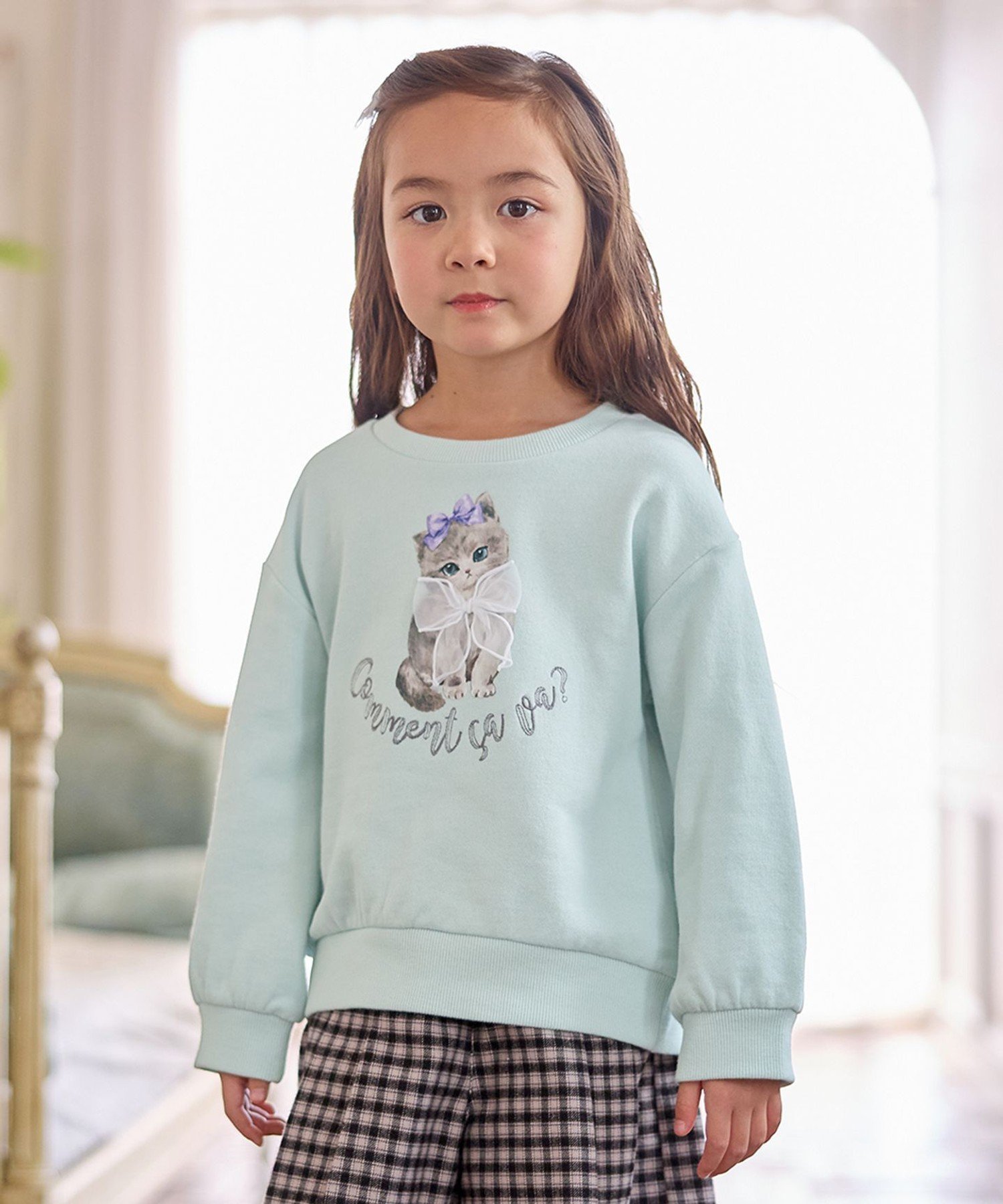 【エニー/ANY / KIDS】のネコプリント トレーニャー インテリア・キッズ・メンズ・レディースファッション・服の通販 founy(ファウニー) 　ファッション　Fashion　キッズファッション　Fashion for Kids　オーガンジー　Organza Fabric　トレーナー　Sweatshirt, Trainer　ネコ　Cat, Feline Motif　フロント　Front, Front Design　プリント　Print, Printed Pattern　ポケット　Pocket, Pocket Detail　リボン　Ribbon, Bow　ロング　Long, Long-Length　ミント[062]|ID: prp329100004990977 ipo3291000000037381129
